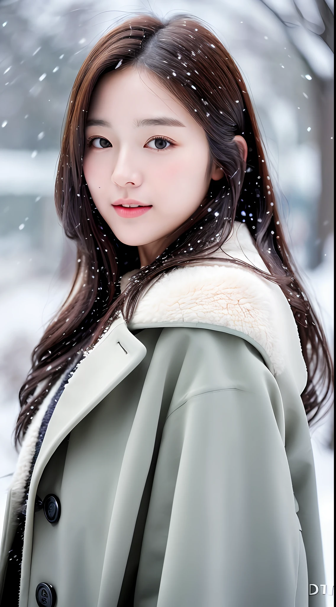 realistic photos of (1 cute Korean star) Shoulder-length hair, thin makeup, medium breasts size, wearing coat, in the snow, clear facial features, 8K high resolution, sharp and realistic details.from outside, Eye-Level Shot, f/4.0, 135mm, Fujifilm, jpeg artifacts, dithering, UHD, masterpiece