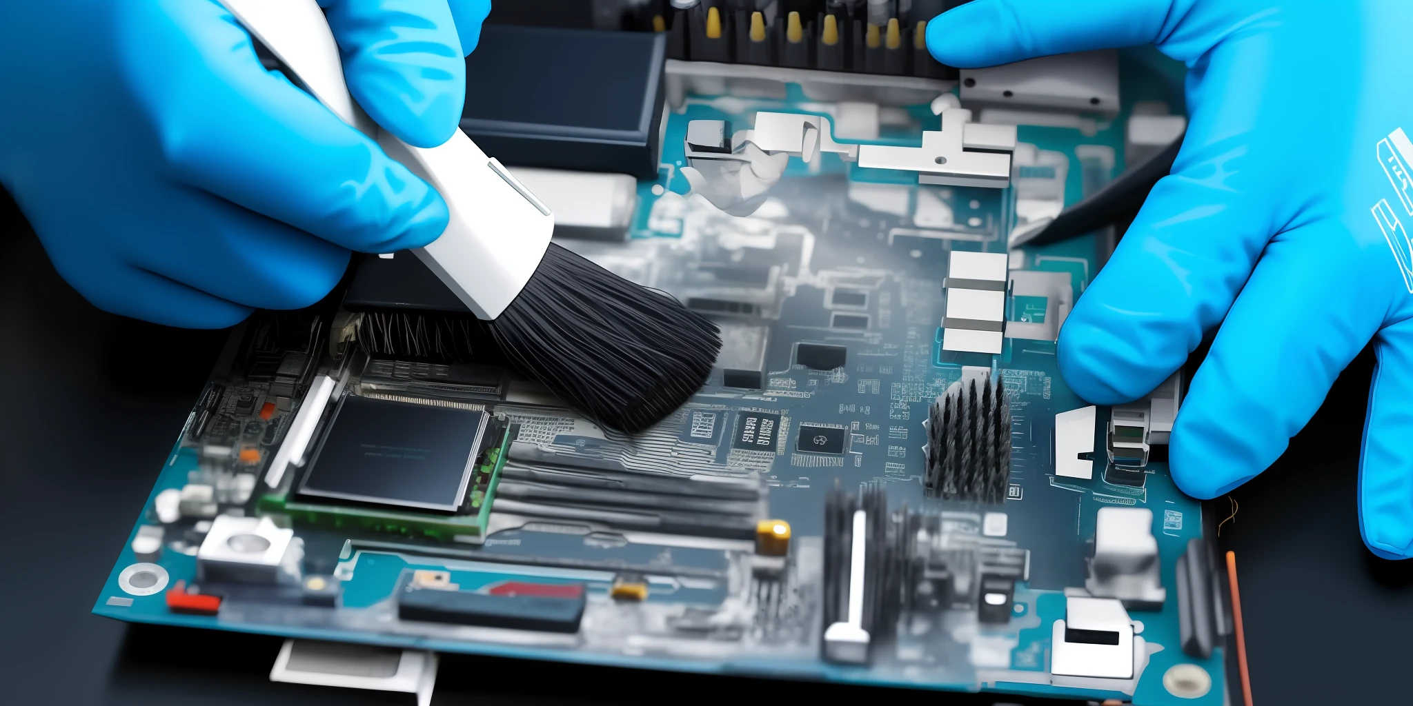 someone is cleaning a motherboard with a brush and a black glove, motherboard circuit, motherboard, electronic components, disassemble computer, circuit boards, bios chip, computer components, printed circuit board, electronic circuit, circuit board processor, maintenance, advanced technology, microchips, digitally enhanced, circuit board, crispy electronics, computer parts