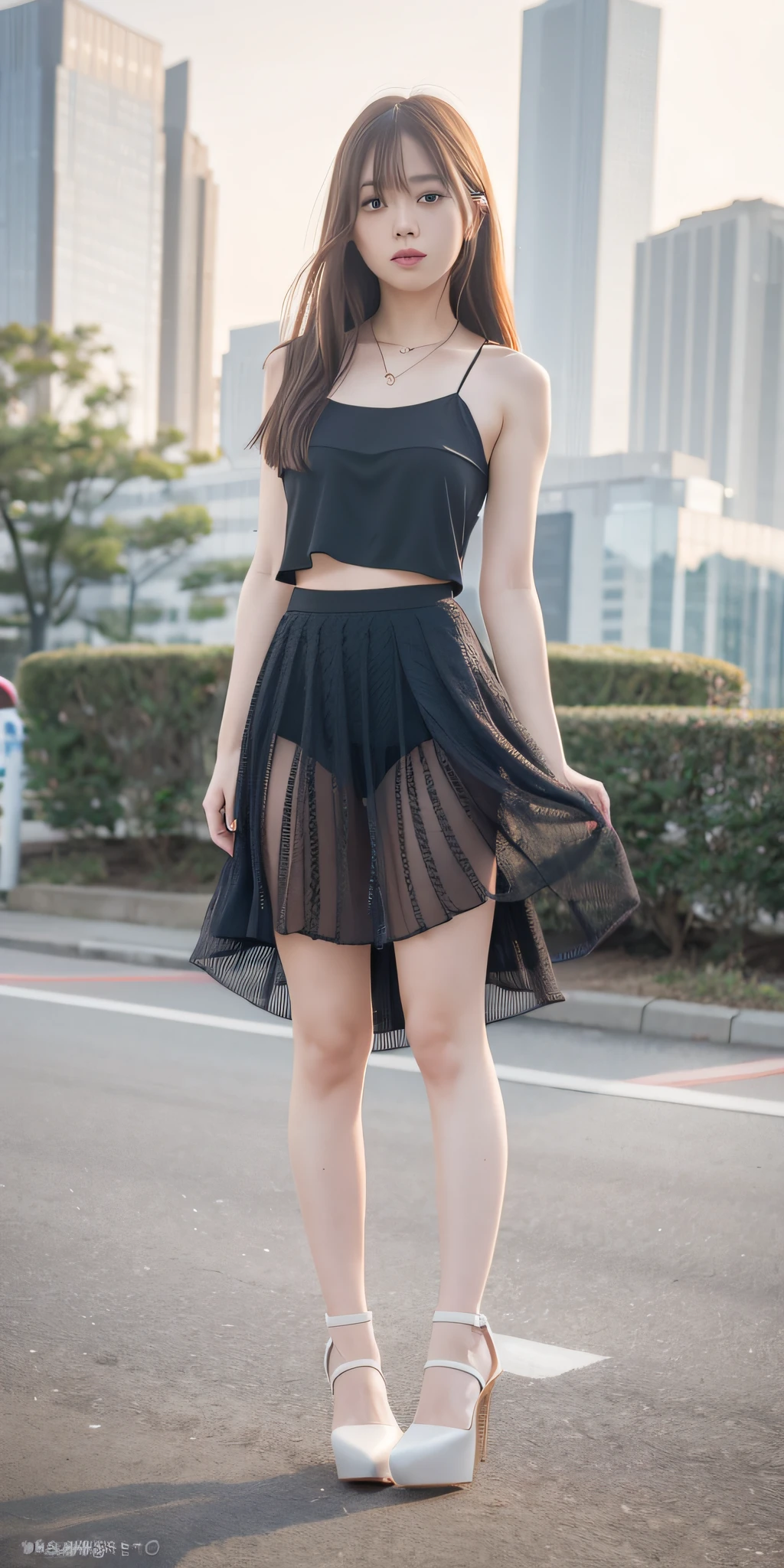 mix4, 20d, Solo, long_hair, Nanase Nishino, Haruka Kaki, Long Skirt, high_heels,full_body, look_at_viewer, (8K, RAW photography, best quality, masterpiece:1.2), (Realistic, Photorealistic:1.37), Professional Lighting, Photon mapping, Radiosity, Physically Based Rendering
