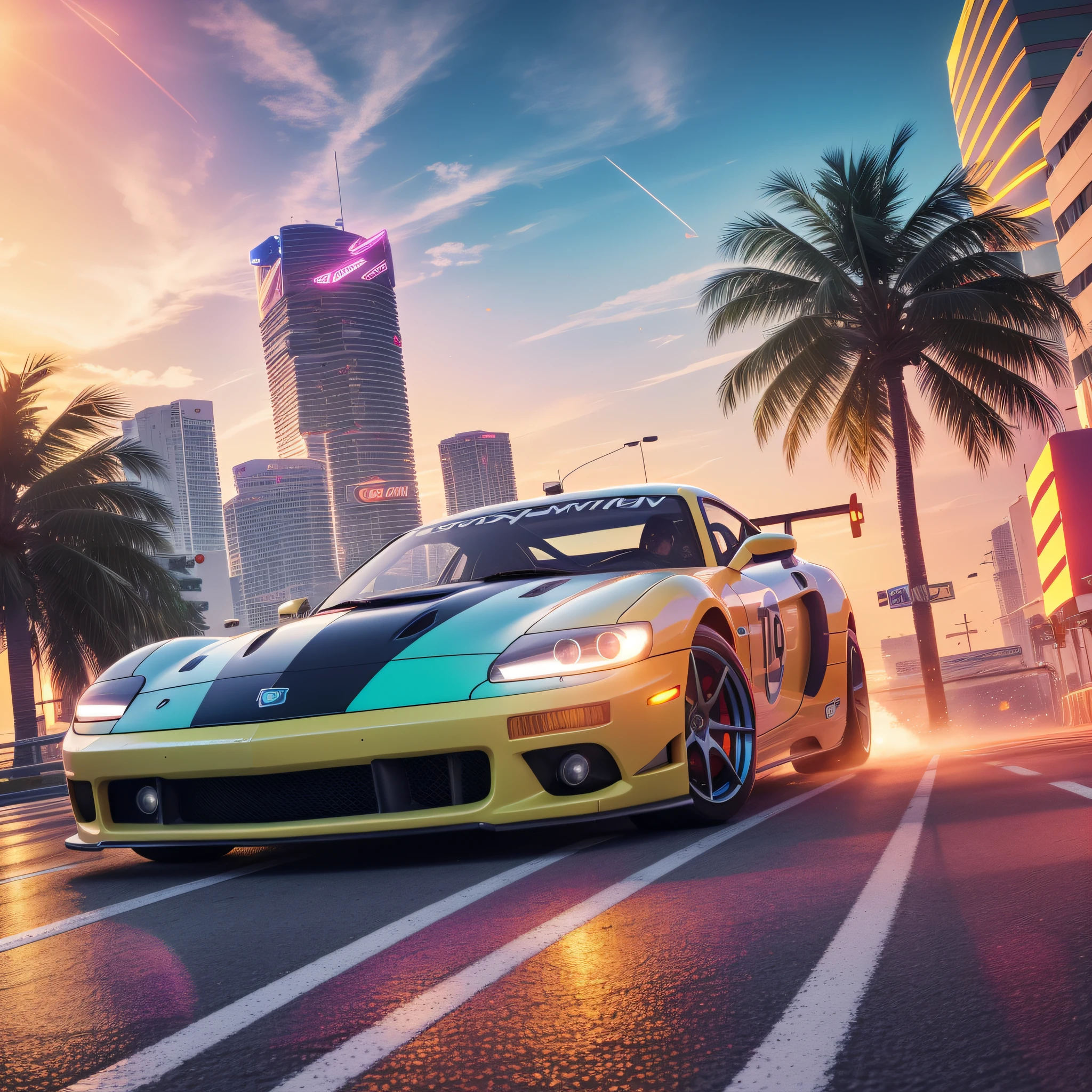 bright sunny day beautiful cloudy sky sunset sports car racing down cyberpunk Miami city streets neon signs and crowds confetti debris dust wind volumetric fog exciting epic action camera, (masterpiece:1.2) (photorealistic:1.2) (bokeh) (best quality) (detailed skin) (intricate) (8k) (HDR) (cinematic lighting) (sharp focus)