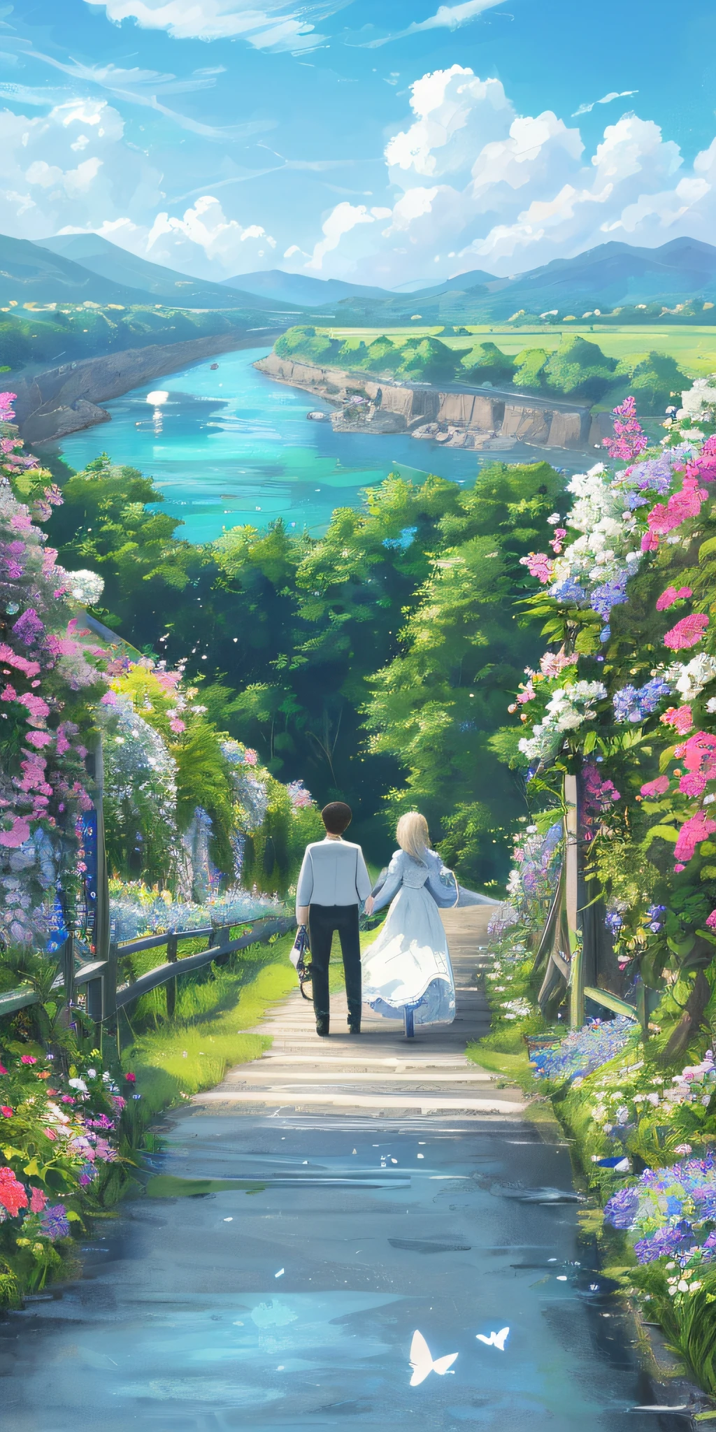 High Detail, Ultra Detail, Ultra High Resolution Boy leading girl walking by the river, flowers, butterflies, sunlight, blue sky and white clouds on both sides of the road