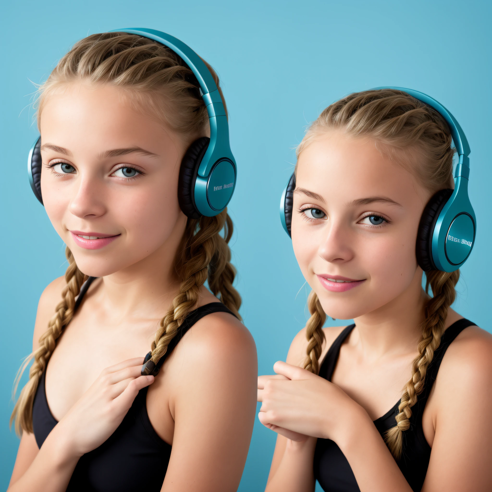 teal background, digital RAW color photo with extremely high details, close-up of a hyper-detailed portrait of a BLONDE CHILD WITH HAIR BRAIDS 10 YEARS OLD beautiful, perfect body, ((using wireless headphones)), HDR, 8k resolution, smooth, (blur): 1.7, (warm and soft ambient light):1.8, atmosphere, realistic, (volumetric mist):1.6, depth of field,  side lighting, photographed on a Kodak box camera