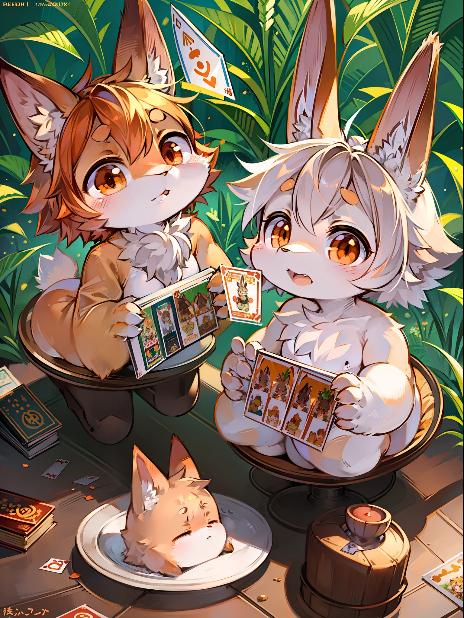 there is a card with a picture of a cat and a carrot, fluffy orange skin, 王琛, orange theme, green and orange theme, rabbit_bunny, the cat is orange, orange grey white, large view, full card design, けもの, 中 元 节, cat bunny, orange color theme