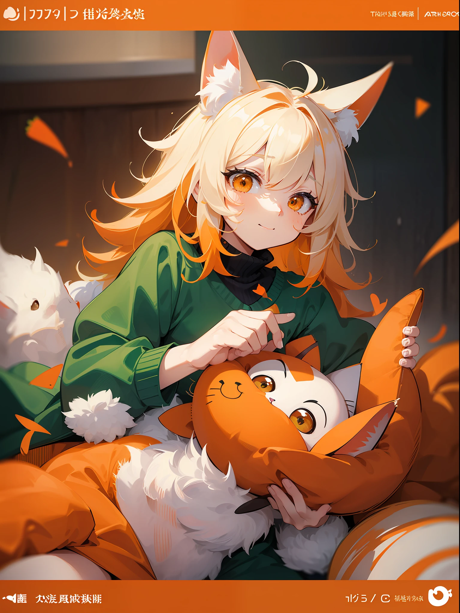 there is a card with a picture of a cat and a carrot, fluffy orange skin, 王琛, orange theme, green and orange theme, rabbit_bunny, the cat is orange, orange grey white, large view, full card design, けもの, 中 元 节, cat bunny, orange color theme