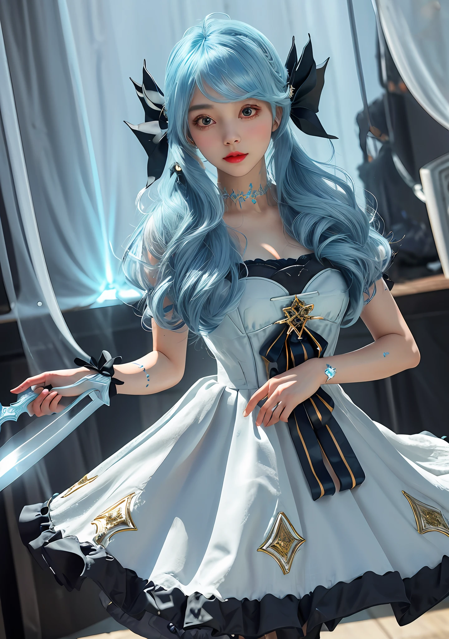 Extremely beautiful, glowing skin, studio light, 8k, (super detailed skin details: 1.3), super detailed eyes, huge lace, gorgeous decoration, Lolita skirt decoration, cute Gwen wearing a blue double-tailed wig, wearing a Victorian style blue and black Lolita dress with gorgeous tailor-made bows, wearing black thigh-exposed stockings with stitching, her pupils are button-shaped, emitting a blue halo, and her weapon is a huge crystal scissors that emits a light blue light.