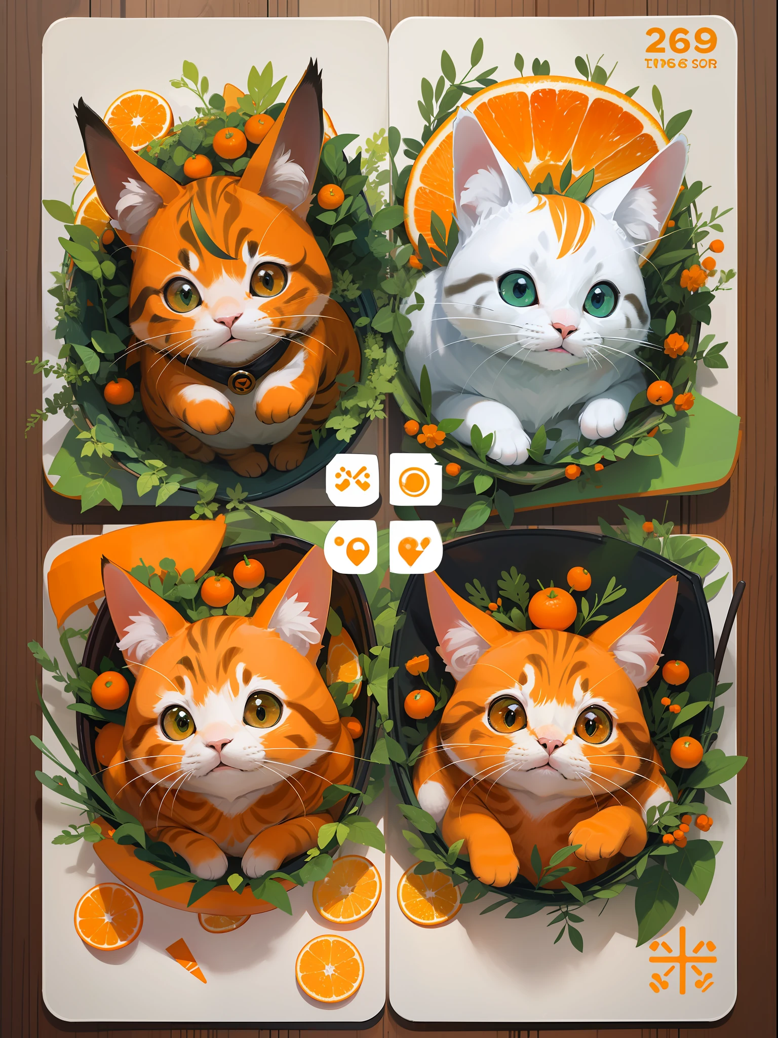 there is a card with a picture of a cat and a carrot, fluffy orange skin, 王琛, orange theme, green and orange theme, rabbit_bunny, the cat is orange, orange grey white, large view, full card design, けもの, 中 元 节, cat bunny, orange color theme