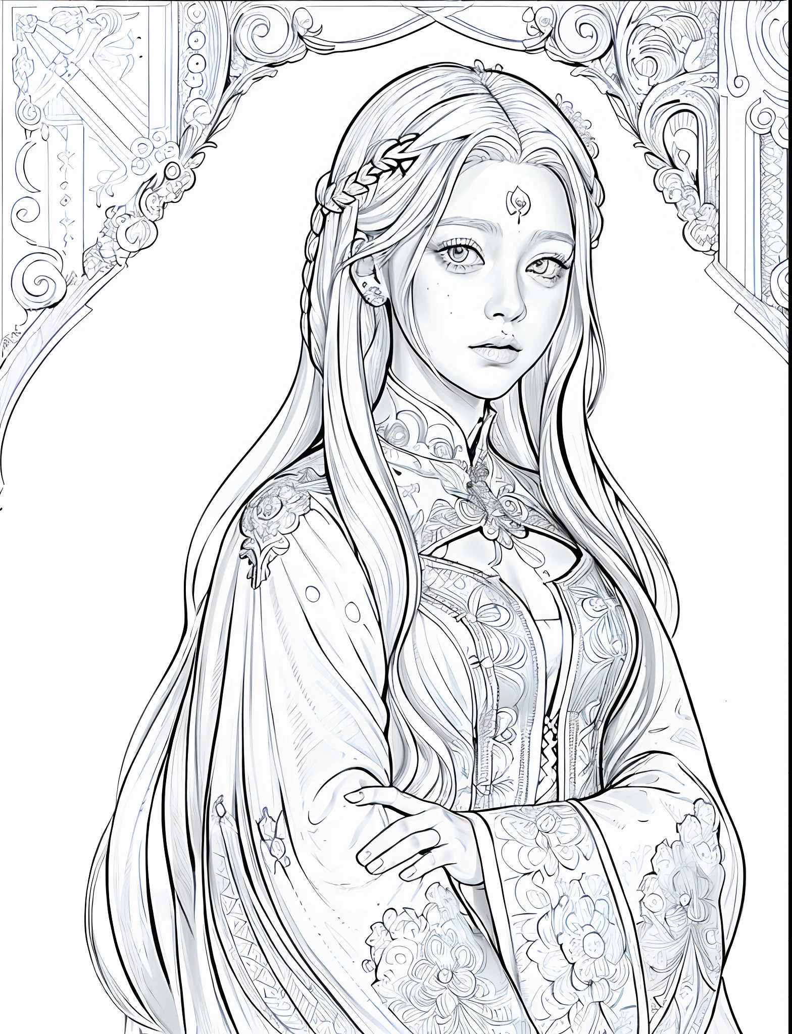 1girl (adult woman:1.2) gold lines, (very_long_hair, white_hair:1.3) (portrait:1.3) ganster (coloring book, masterpiece, realistic:1.3), (extremely intricate:1.2), (sketch, doodles, monochrome, lineart:1.2) profile view, dynamic angle, dutch angle, hands grabbing the chest , gold ornaments