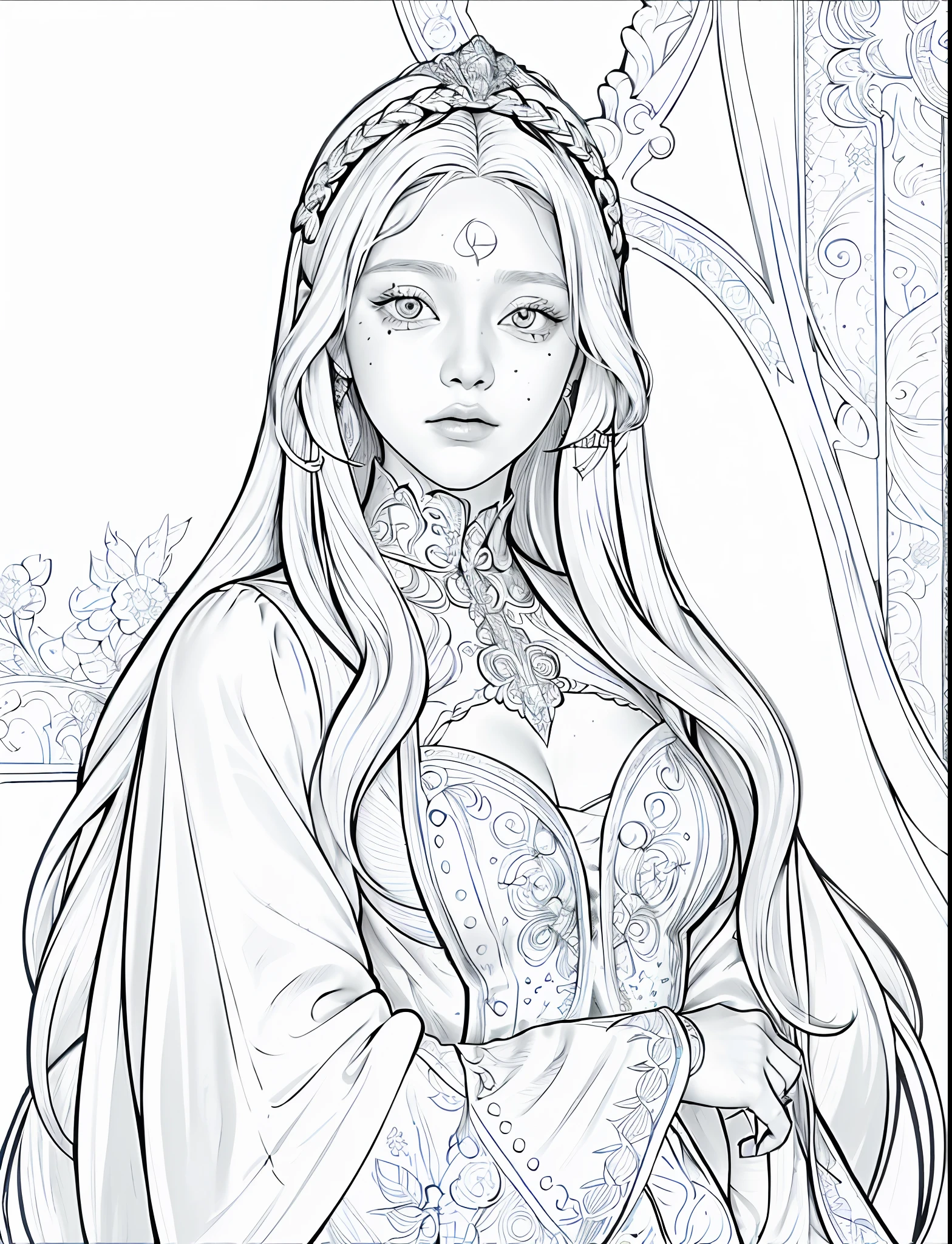 1girl (adult woman:1.2) gold lines, (very_long_hair, white_hair:1.3) (portrait:1.3)  ganster (coloring book, masterpiece, realistic:1.3), (extremely intricate:1.2), (sketch, doodles, monochrome, lineart:1.2) profile view, dynamic angle, dutch angle, hands grabbing the chest , gold ornaments