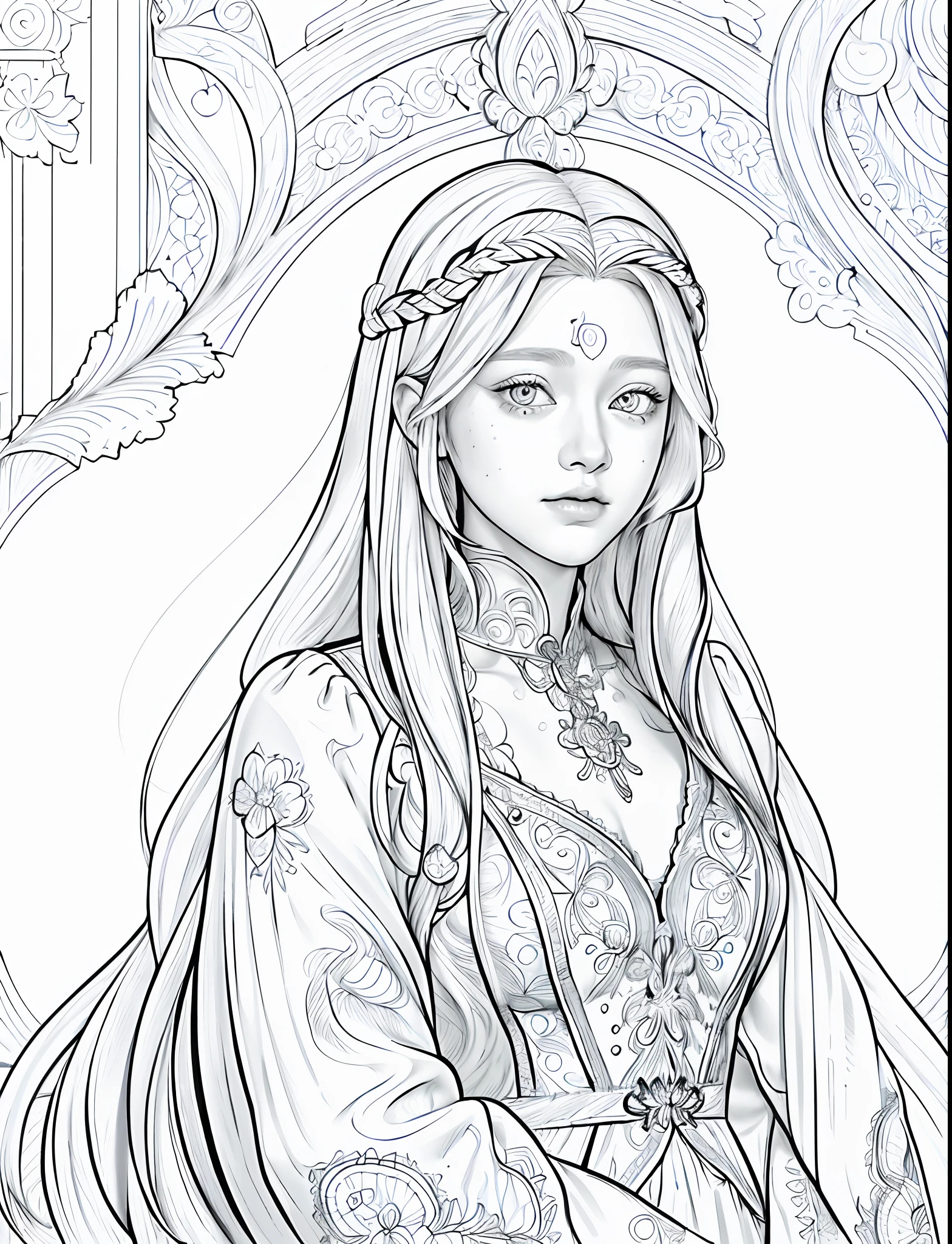 1girl (adult woman:1.2) gold lines, (very_long_hair, white_hair:1.3) (portrait:1.3) ganster (coloring book, masterpiece, realistic:1.3), (extremely intricate:1.2), (sketch, doodles, monochrome, lineart:1.2) profile view, dynamic angle, dutch angle, hands grabbing the chest , gold ornaments