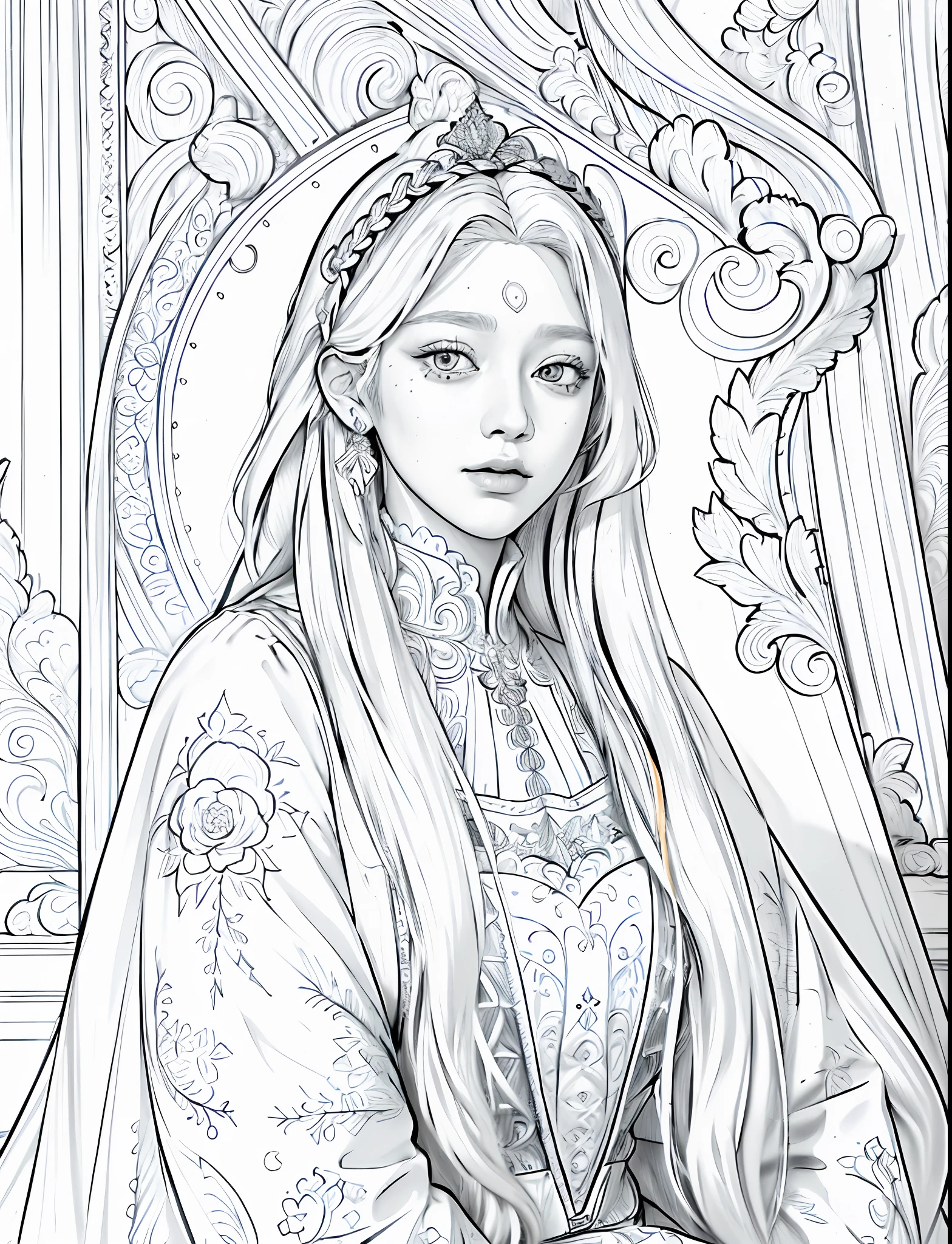 1girl (adult woman:1.2) gold lines, (very_long_hair, white_hair:1.3) (portrait:1.3) ganster (coloring book, masterpiece, realistic:1.3), (extremely intricate:1.2), (sketch, doodles, monochrome, lineart:1.2) profile view, dynamic angle, dutch angle, hands grabbing the chest , gold ornaments