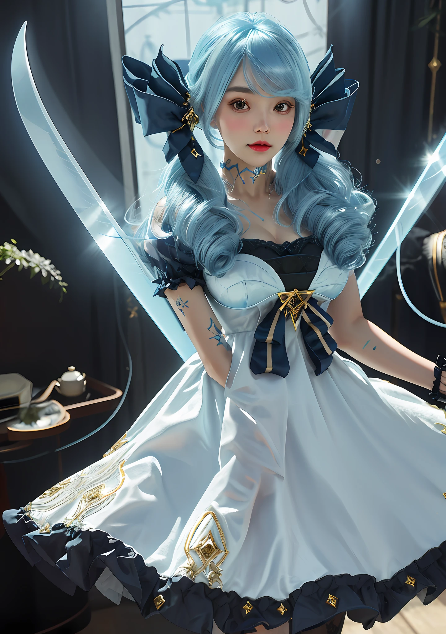Extremely beautiful, glowing skin, studio light, 8k, (super detailed skin details: 1.3), super detailed eyes, huge lace, gorgeous decoration, Lolita skirt decoration, cute Gwen wearing a blue double-tailed wig, wearing a Victorian style blue and black Lolita dress with gorgeous tailor-made bows, wearing black thigh-exposed stockings with stitching, her pupils are button-shaped, emitting a blue halo, and her weapon is a huge crystal scissors that emits a light blue light.