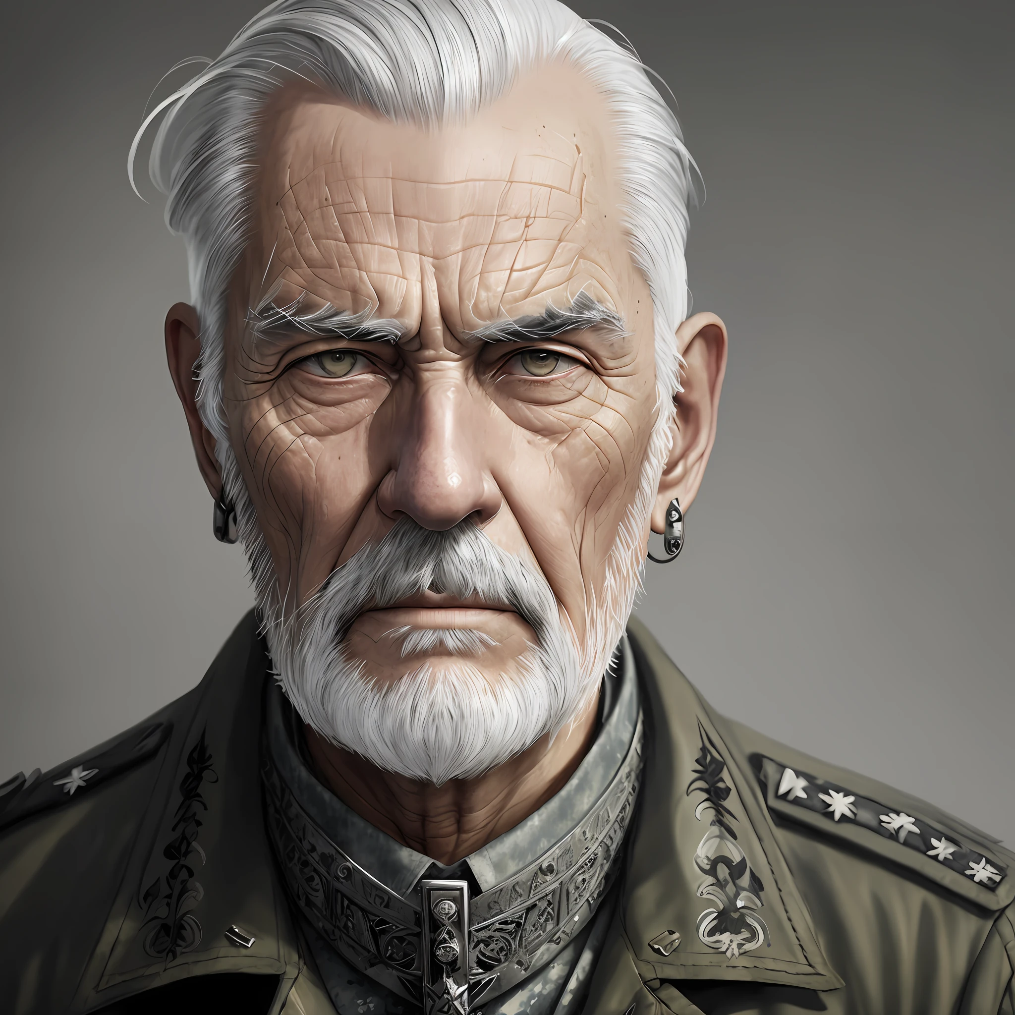 Old man with wrinkles face, (stylish hairstyle:1.3), gray hair, clear facial features, piercing gaze, (military clothes:1.2), intricate details), epic, High Detail, Sharp focus, dramatic, photorealistic painting art by midjourney and greg rutkowski