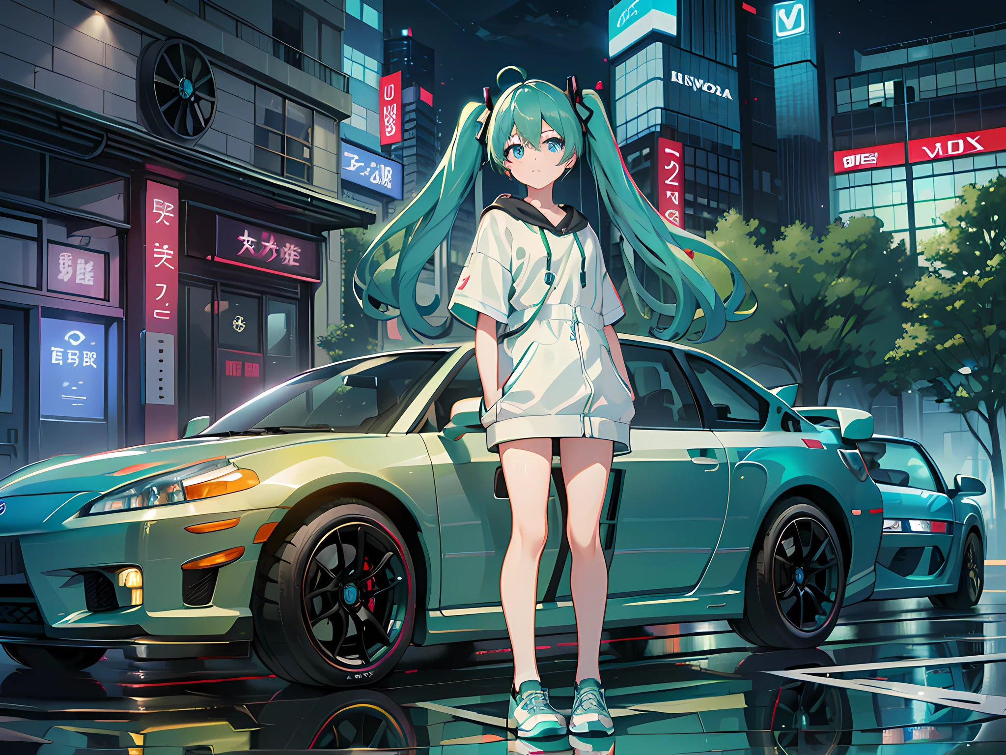 (Masterpiece, Best Quality), Backlight, Lens Flare, Wide Shot, Fisheye , (Face Focus, Depth of Field, Closeup: 1.5), Super Detail, Illustration, Colorful, (Fault Color: 1.3), (Imidshot: 1.3), Video, Wide Angle, Top Body, (((1girl))), (standing, stand in front of a car:2), (1car), Honda, NSX, Miku Hatsune, immaculate, dark green hair, twin tails, very long hair, arms behind back, blue eyes, glowing eyes, relaxed face, hair between eyebrows, glowing hair, glowing skin, sneakers, light smile, moving, speed, driving, bright, beautiful details sky, city, street, skyscraper, Tokyo, Shibuya
