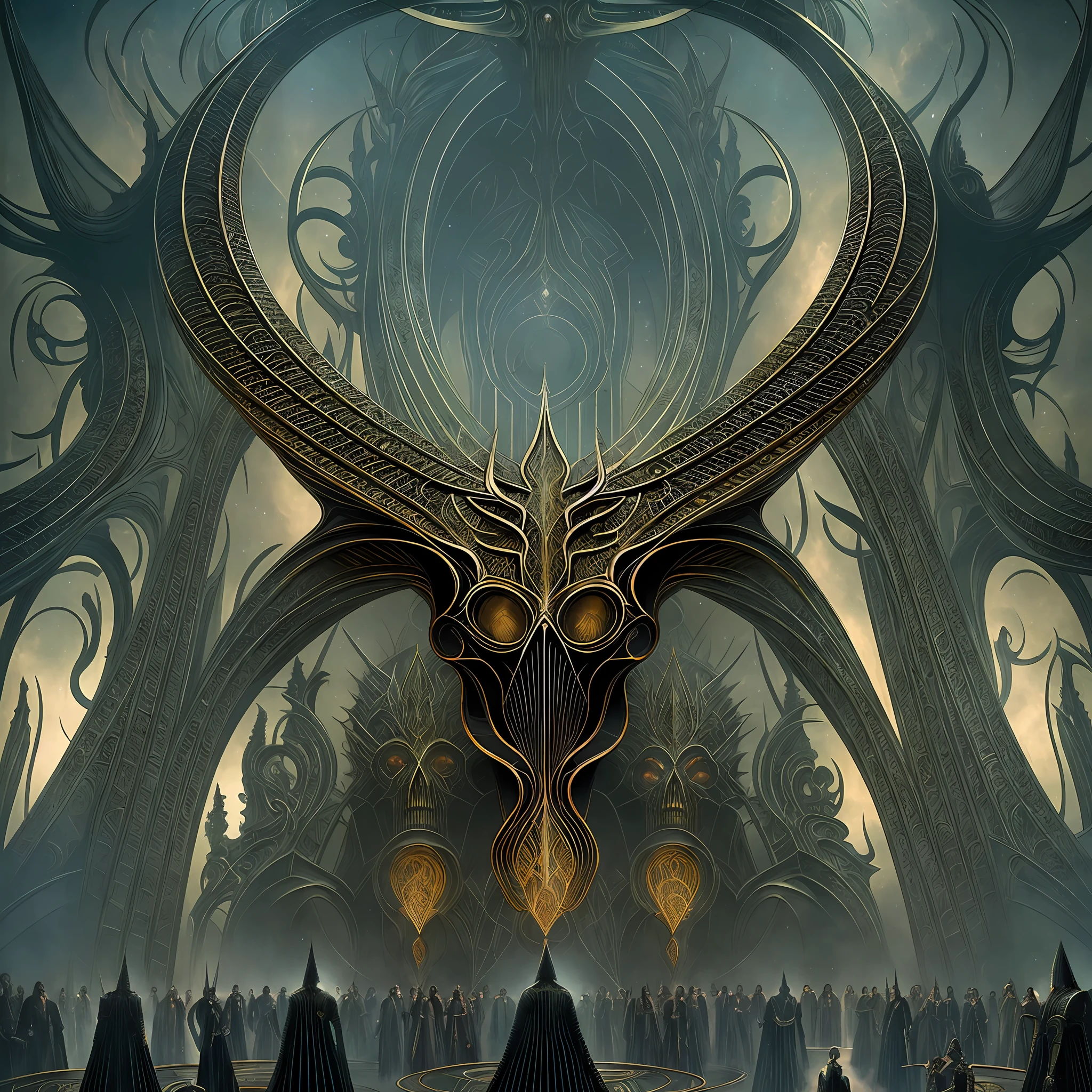 An association of parabolic biomechanical satanic humanoid Gods whos bodies are made from the entire cosmos are gathered together in contemplation of the whole of all, style HR Giger and Dan Seagrave, intricate iridescent patterns and details, horror art, dark colors
