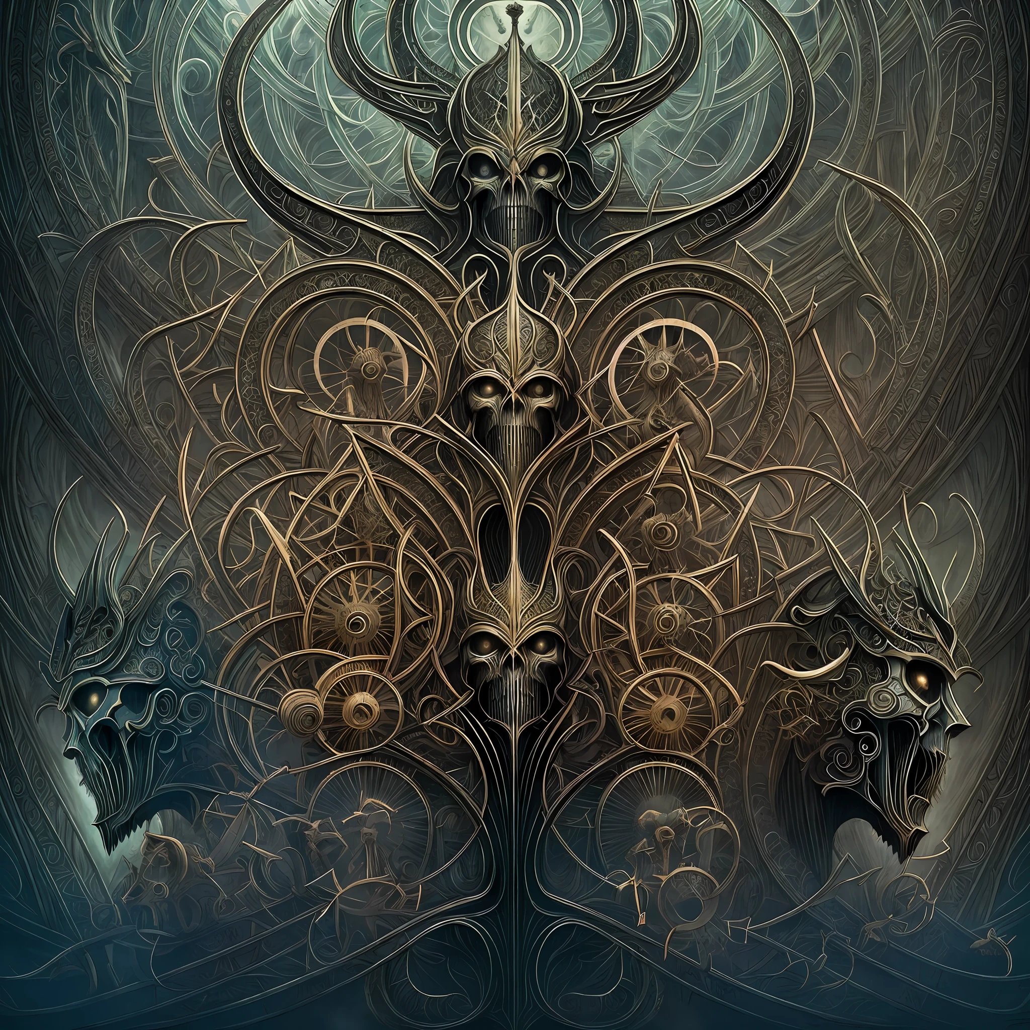 An association of parabolic biomechanical satanic humanoid Gods whos bodies are made from the entire cosmos are gathered together in contemplation of the whole of all, style HR Giger and Dan Seagrave, intricate iridescent patterns and details, horror art, dark colors