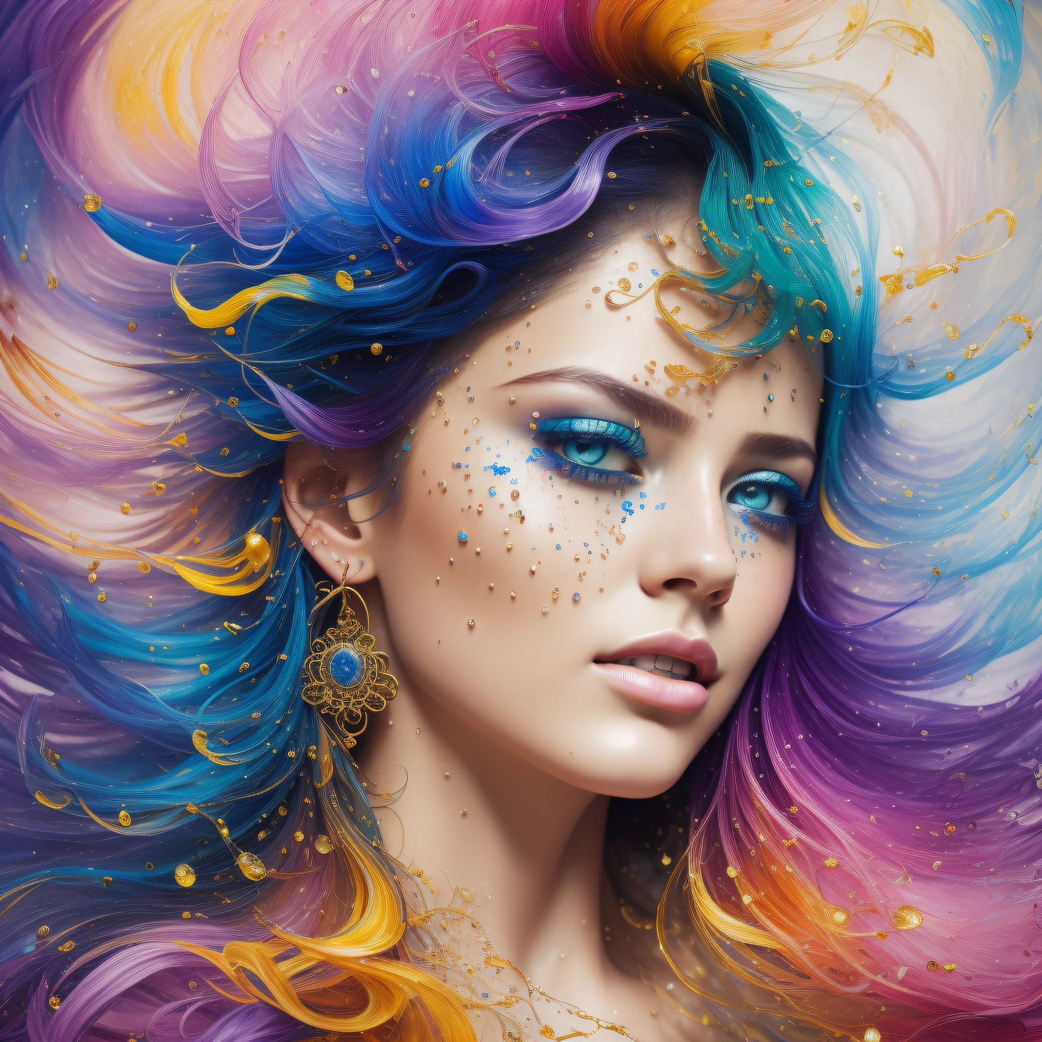 Colorful beautiful woman: a woman 18-years old, messy hair, oil painting, nice perfect face with soft skinice perfect face, blue yellow colors, light purple and violet additions, light red additions, intricate detail, splash screen, 8k resolution, masterpiece, cute face,artstation digital painting smooth veryBlack ink flow: 8k resolution photorealistic masterpiece: intricately detailed fluid gouache painting: by Jean Baptiste Mongue: calligraphy: acrylic: watercolor art, professional photography, natural lighting, volumetric lighting maximalist photoillustration: by marton bobzert:, complex, elegant, expansive, fantastical