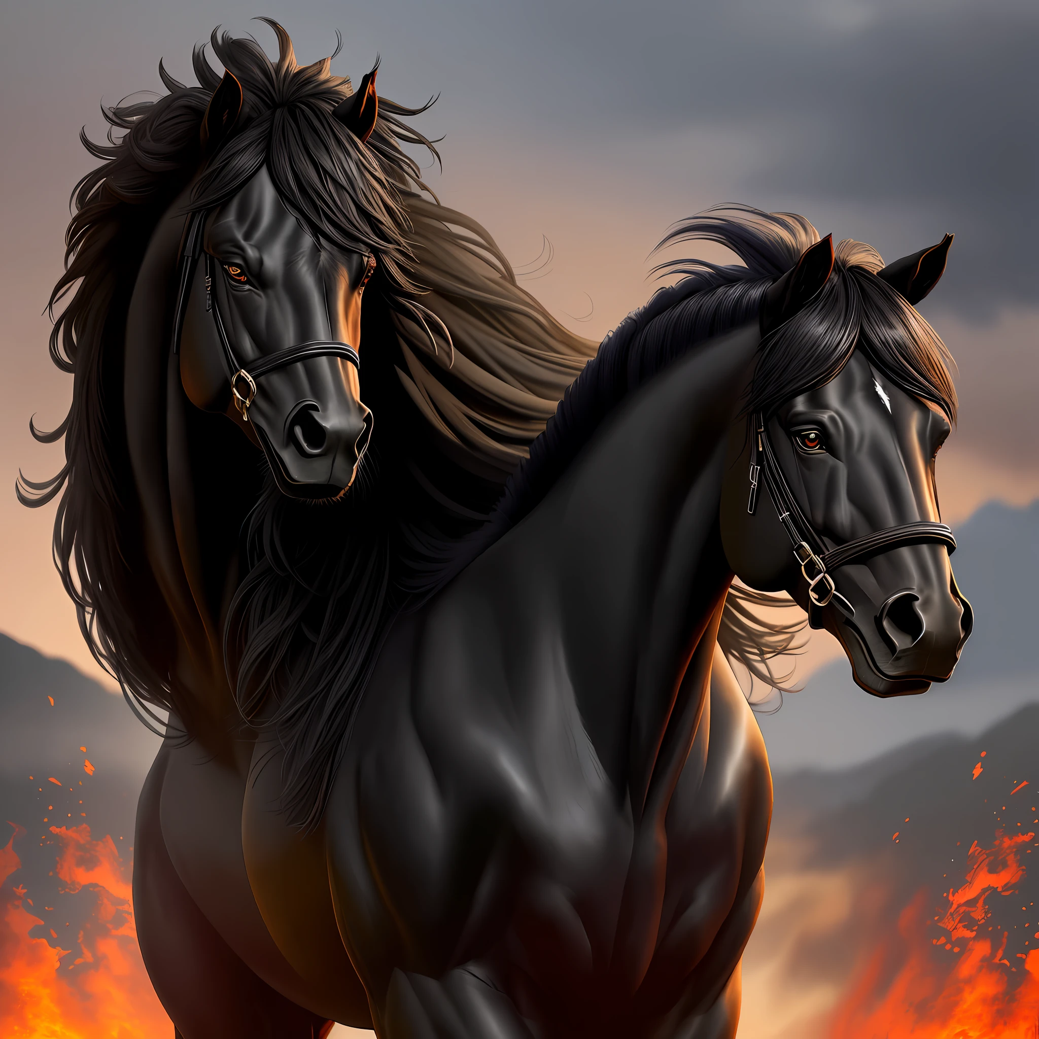 Black stallion displays a majestic beauty, with its coat gleaming like ebony, an imposing mane that dances in the wind, and intense eyes that seem to glow with a burning flame.