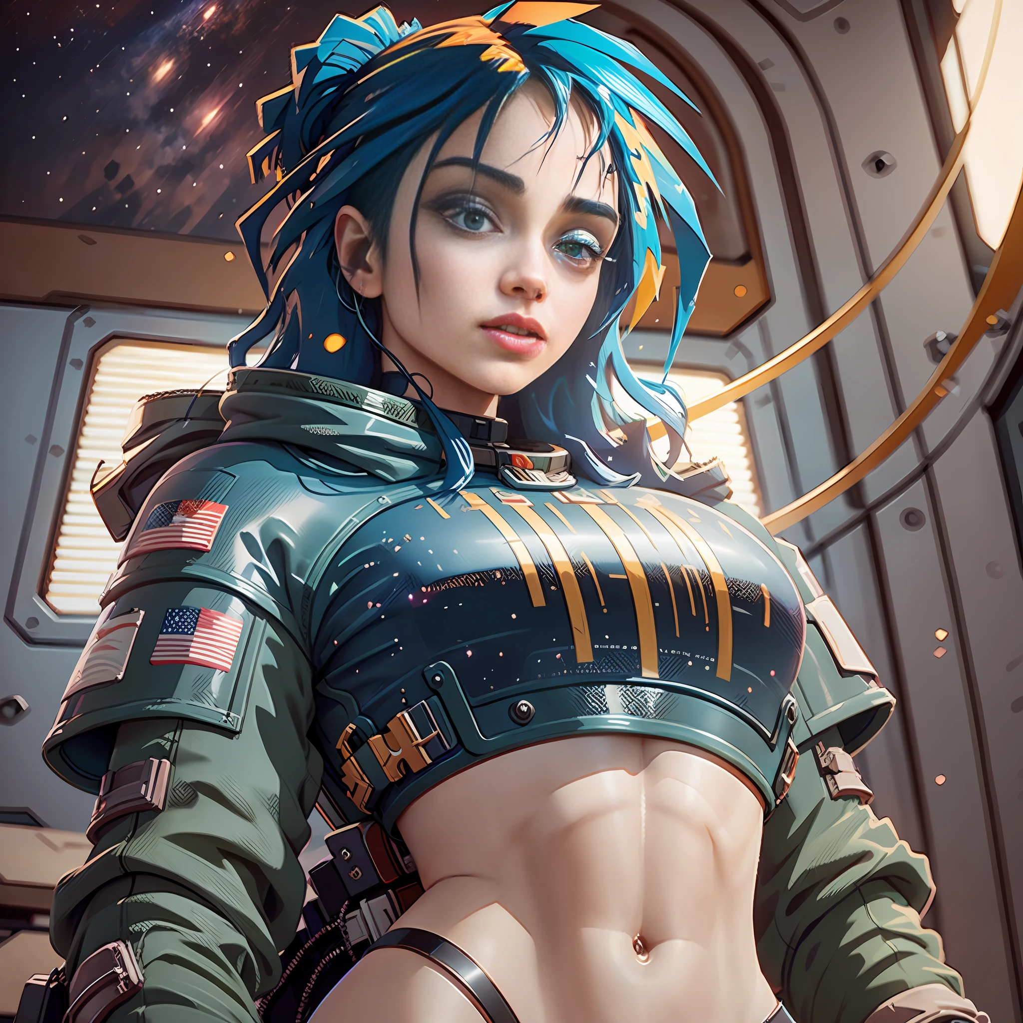 Highly detailed RAW color Photo, beautiful young girl in space suit, (detailed skin), (detailed lips), (detailed eyes), (space:1.4), smoke, (space setting) (detailed face), midriff exposed, small thong, detailed eyes, chromatic aberration, depth of field, soft lighting, masterpiece, best quality, intricate, (bloom:0.7), (from below:1.4), low angle, particle effects, raytracing, tone mapped, highly detailed, concept art, smooth, sharp focus, dramatic lighting, highly detailed artwork, cinematic, hyper realistic painting, trending on Artstation, 8K, incredible shadows, realistic, (highly detailed background:1.2), art by midjourney