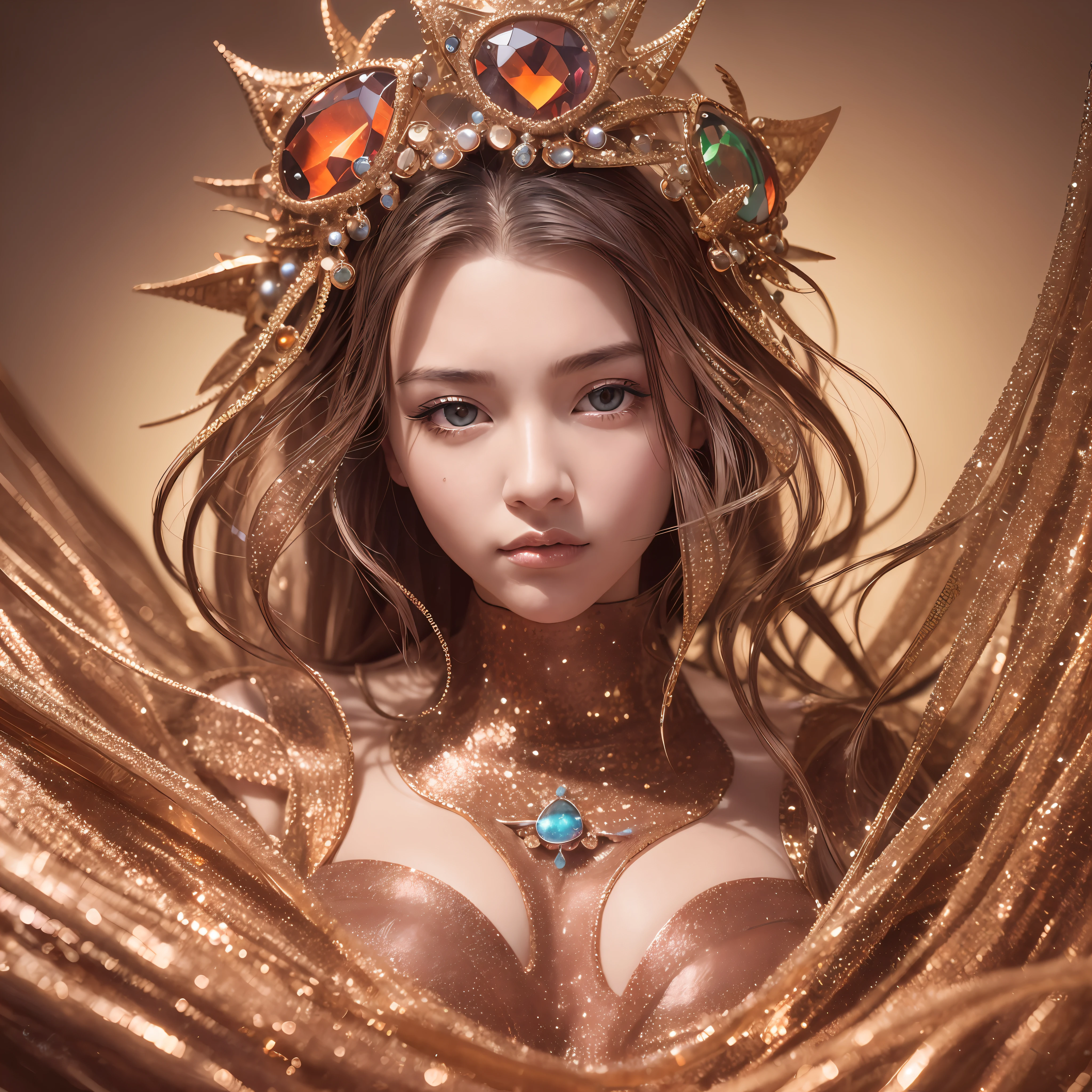 portrait photography, extreme close up beautiful queen, hyper realistic skin, cluster of glazed liquid copper, stunning, fearful eyes, surreal, --ar 9:16 --s raw --s 750 --auto --s2