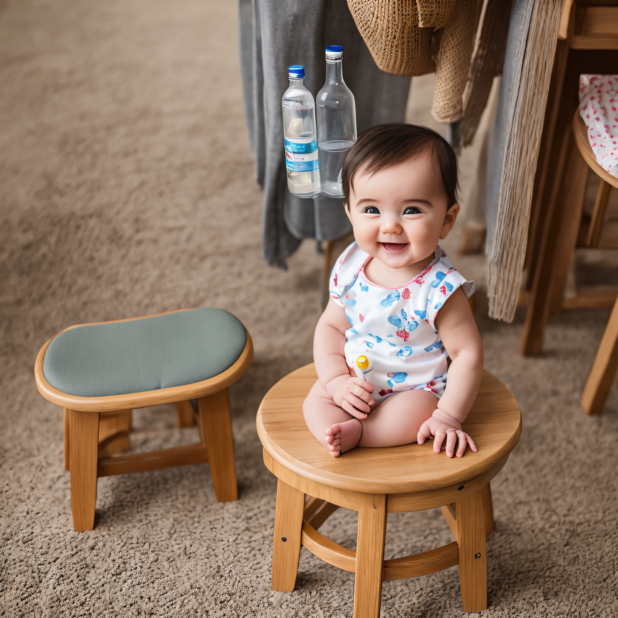 Smiling sitting on stool with bottle, real person, real scene --auto --s2