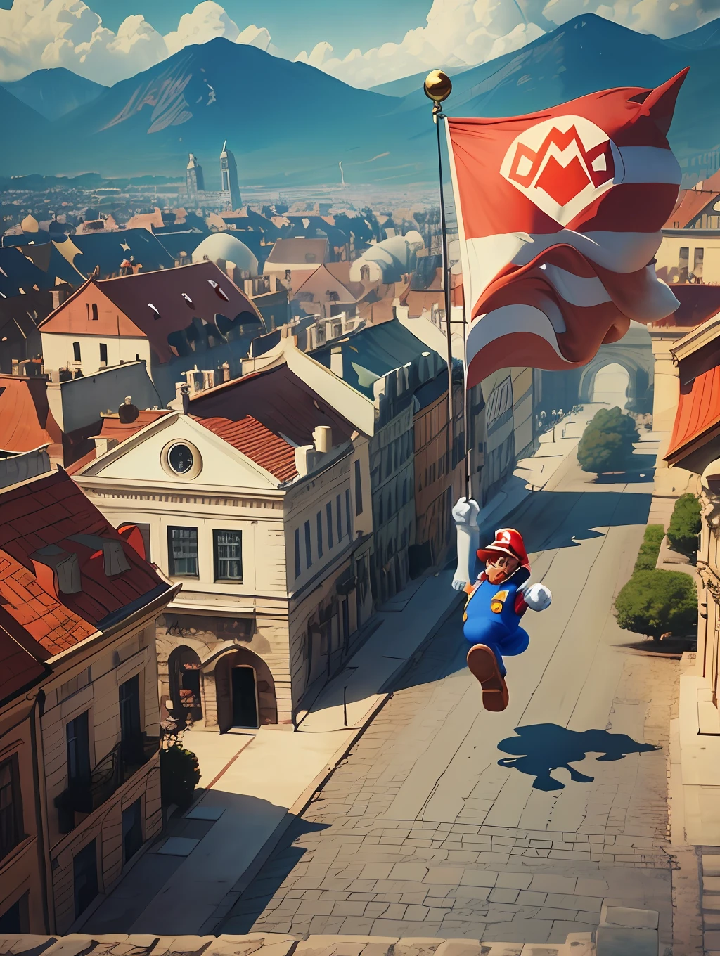 Super Mario jumping with a flag, on it written BloodTokeN