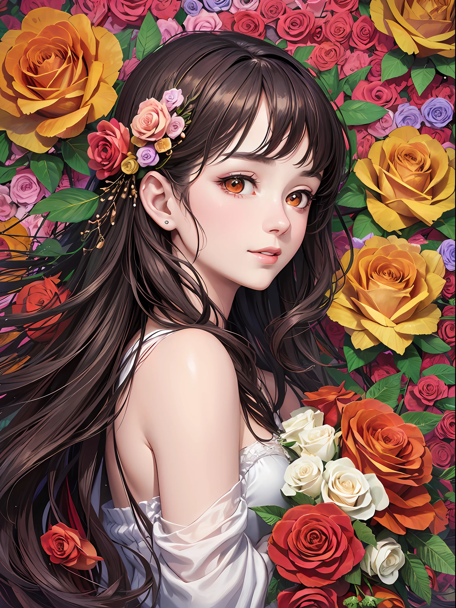 Masterpiece, Best Quality, Art, Art, Very Realistic, Smile, Soft Expression, Delicate Expression, Realistic Human, Upper Body, Eyes Frontal, Beautiful and Aesthetic: 1.8, Very Detailed, Colorful, Maximum Detail, Clear Lines, Delicate Hair, Delicate Skin Quality, Realistic Skin Texture, Adult Woman, Light Mixed, Playful Pattern, Realistic Texture, Lively Texture, Bewitching, Delicate Texture, rich colors, rose hair ornament, bouquet of roses, simple dress, orange eyes, long hair, variegated colors, unique visual effects, red and white roses on background, sunshine