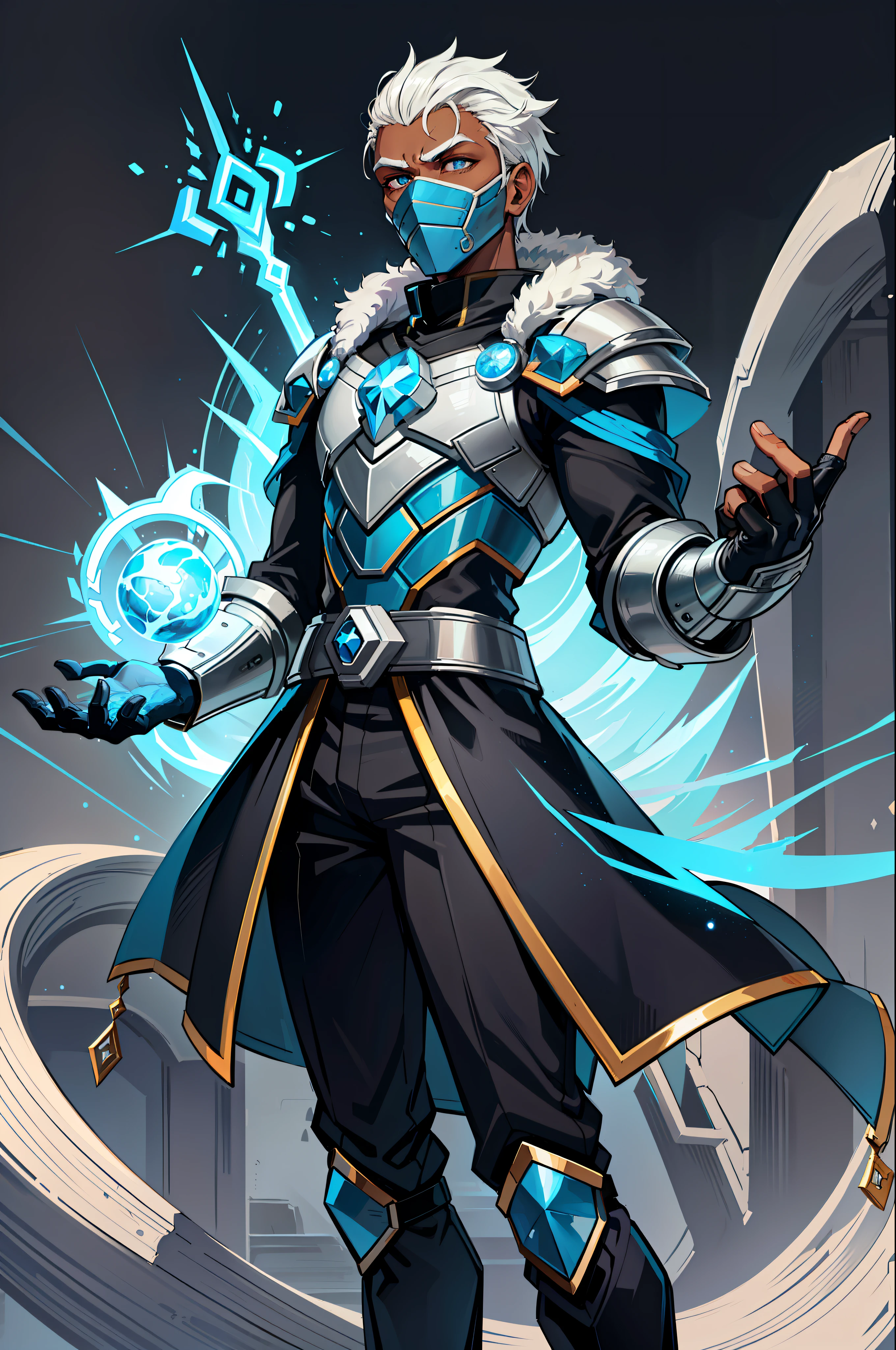 masterpiece, best quality,((( black-skinned man))),(()), well-detailed face, well-detailed eyes, perfect face, perfect eyes, simple armor with arcane symbols, short white hair, mage, shoe, ice, fantasy, solo, pants, ice effects, Holding staff, standing, perfect hands, perfect fingers,((using chewing Sub zero)),whole body,