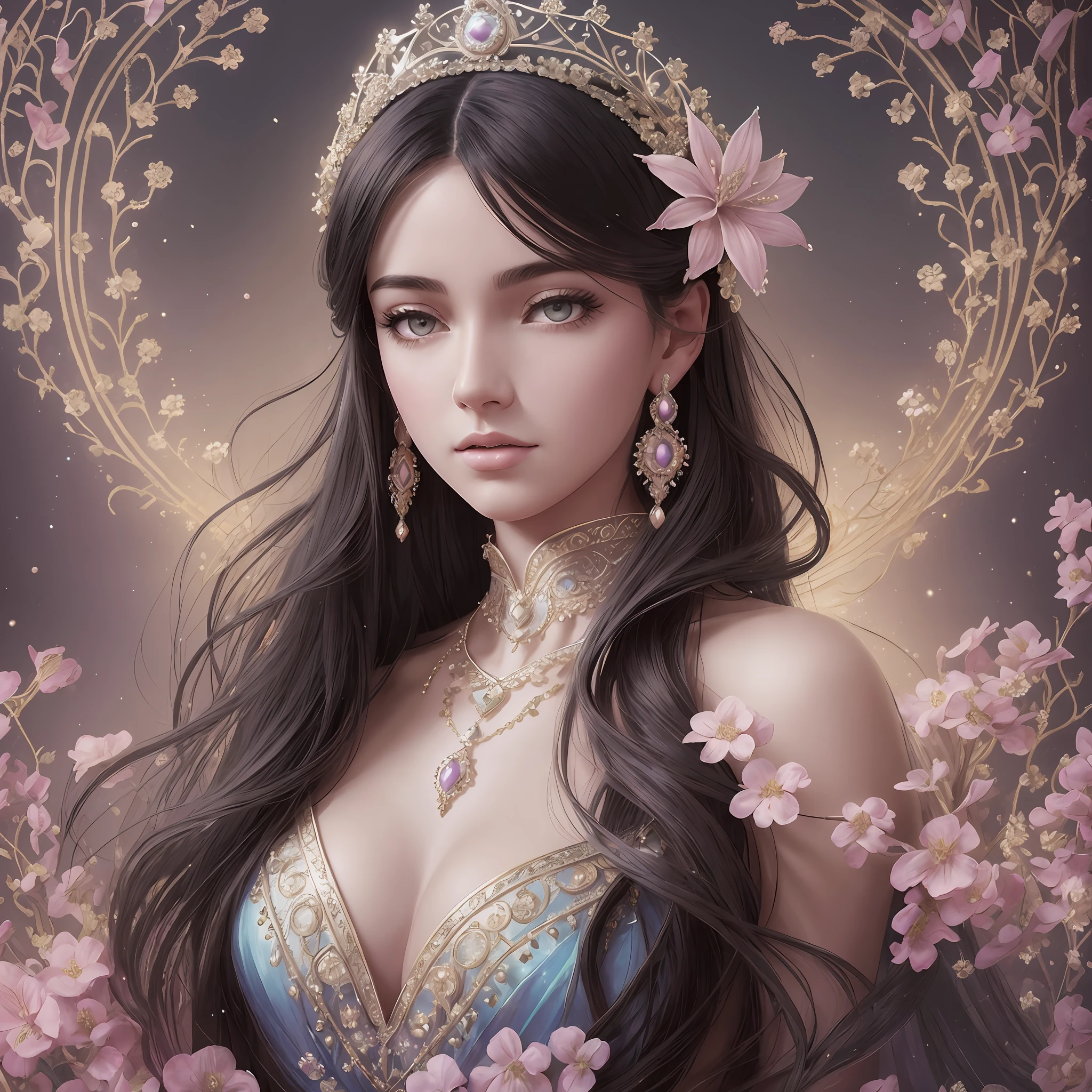 a photography, HD,, photo, woman, black hair, beautiful dress ornate, mdjrny-v5, style portrait of a gorgeous female in the style of stefan kostic, realistic, half body shot, sharp focus, 8 k high definition, insanely detailed, intricate, elegant, art by stanley lau and artgerm, extreme blur flames background, Princess girl, red, Pastel, glitter, dramatic, dreamy, pastel, Watercolor, Whimsical, Delicate, colorful flowers crown, Trending on Artstation, Highly detailed, Intricate, Portrait, digital painting, Fantasy theme, Fantasy robes, Fantasy concept art, Fantasy character art, Smug, age girl, perfect body, full body, dreamy, pastel, Watercolor, Whimsical, Delicate, seashell crown, (Cinematic Photo:1.3) of (Realistic:1.3),(Proud:1.3) (Cinematic Photo:1.3) A woman, skin pale pores texture, hair black, photograph (Greece, Mythology:1,3) beauty in dress glass, Intricate Surface Detail, 8k, Sparkle Core, Hyper Realistic, Dreamlike, Ethereal Fantasy, Realistic, Fiction, Full-HD, HD, 8K, Soft Lighting, Beautiful Lighting,Highly Detailed,(70s Art:1.3), (Magical Realism:1.3), (Classical Realism:1.3) --auto --s2