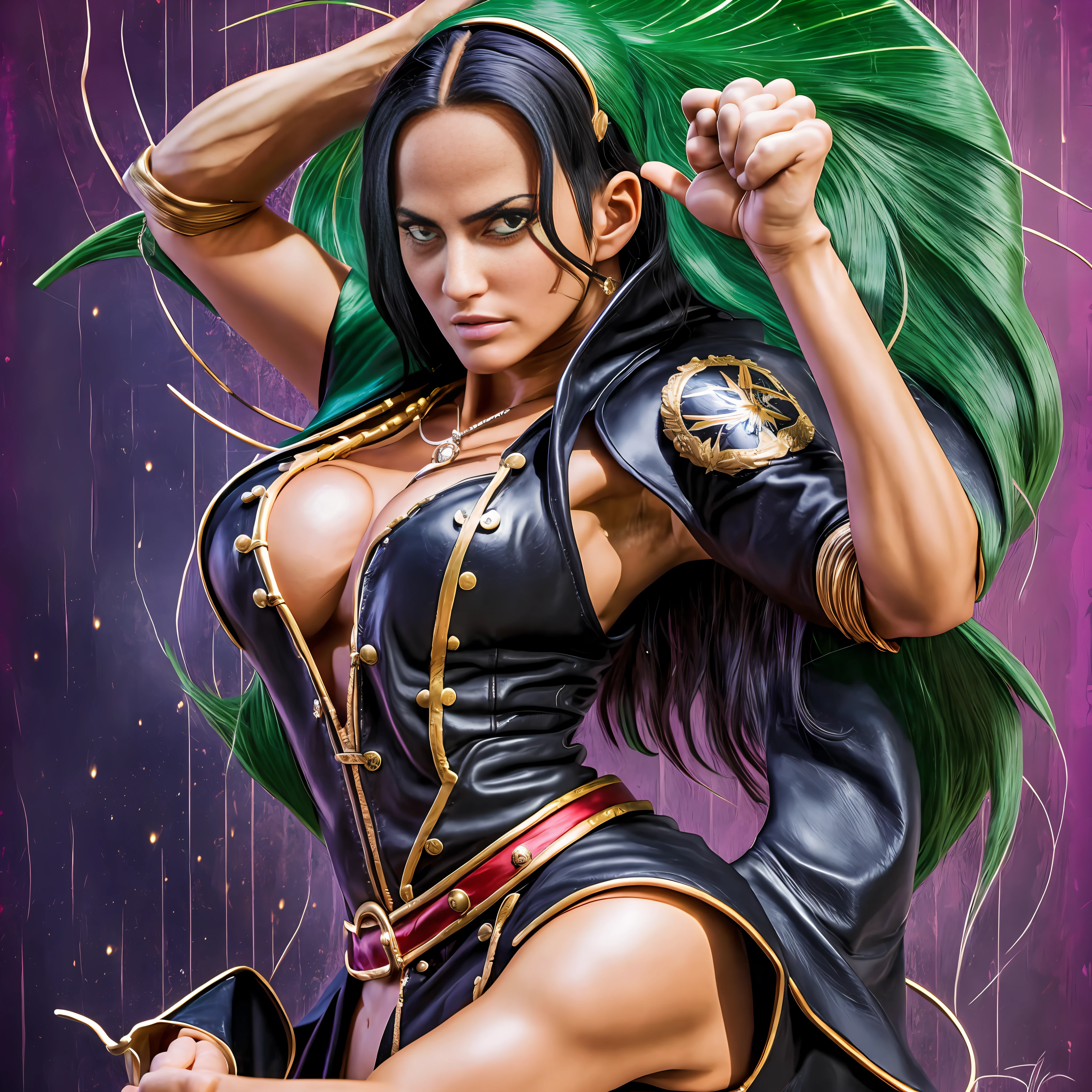 "Imagine a realistic depiction of Nico Robin from the One Piece anime, where every detail of the anime is portrayed flawlessly. The character Nico Robin is present in his realistic form, with highly detailed facial and body features. His distinctive features, such as the large, expressive eyes, long black hair, and freckles on his face, are faithfully recreated to capture the entire essence of the character. His elegant and confident posture conveys his unique personality. Every detail of the costume, including the purple jacket, hat, and the symbol of the archaeological group on his arm, are meticulously reproduced, while maintaining fidelity to the anime's design. In addition, Nico Robin's special powers, such as the ability to create additional hands, are presented to perfection, portraying his incredible dexterity and versatility in battle. This realistic and detailed depiction of Nico Robin from One Piece, with all the impeccable details of the anime, provides a captivating visual experience for fans and connoisseurs of this iconic character."
