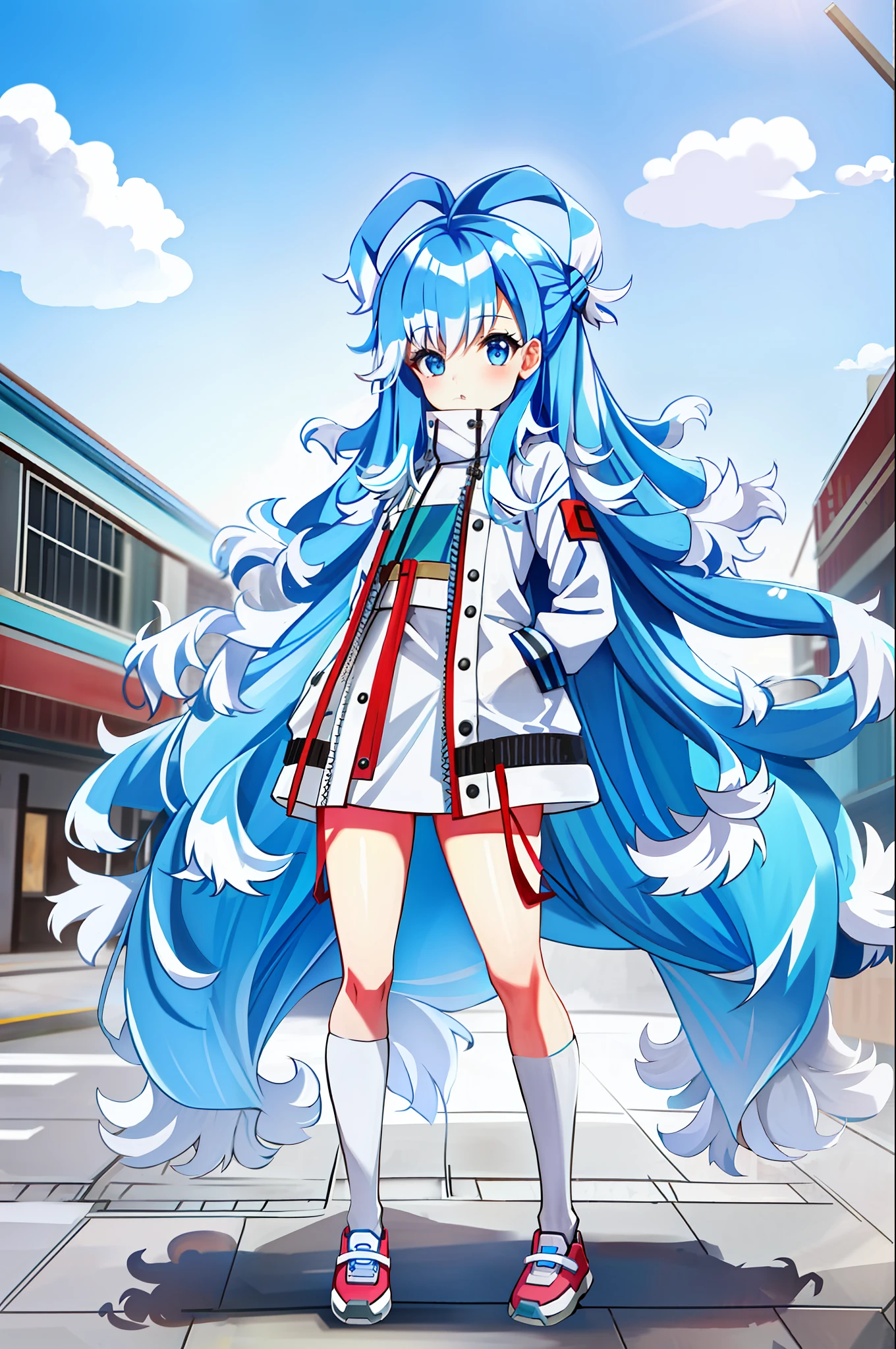 1girl, flat chest, blue hair, long hair, blue eyes, kobo, kanaeru, street background, city, ahoge, white hair tips, full body at full size