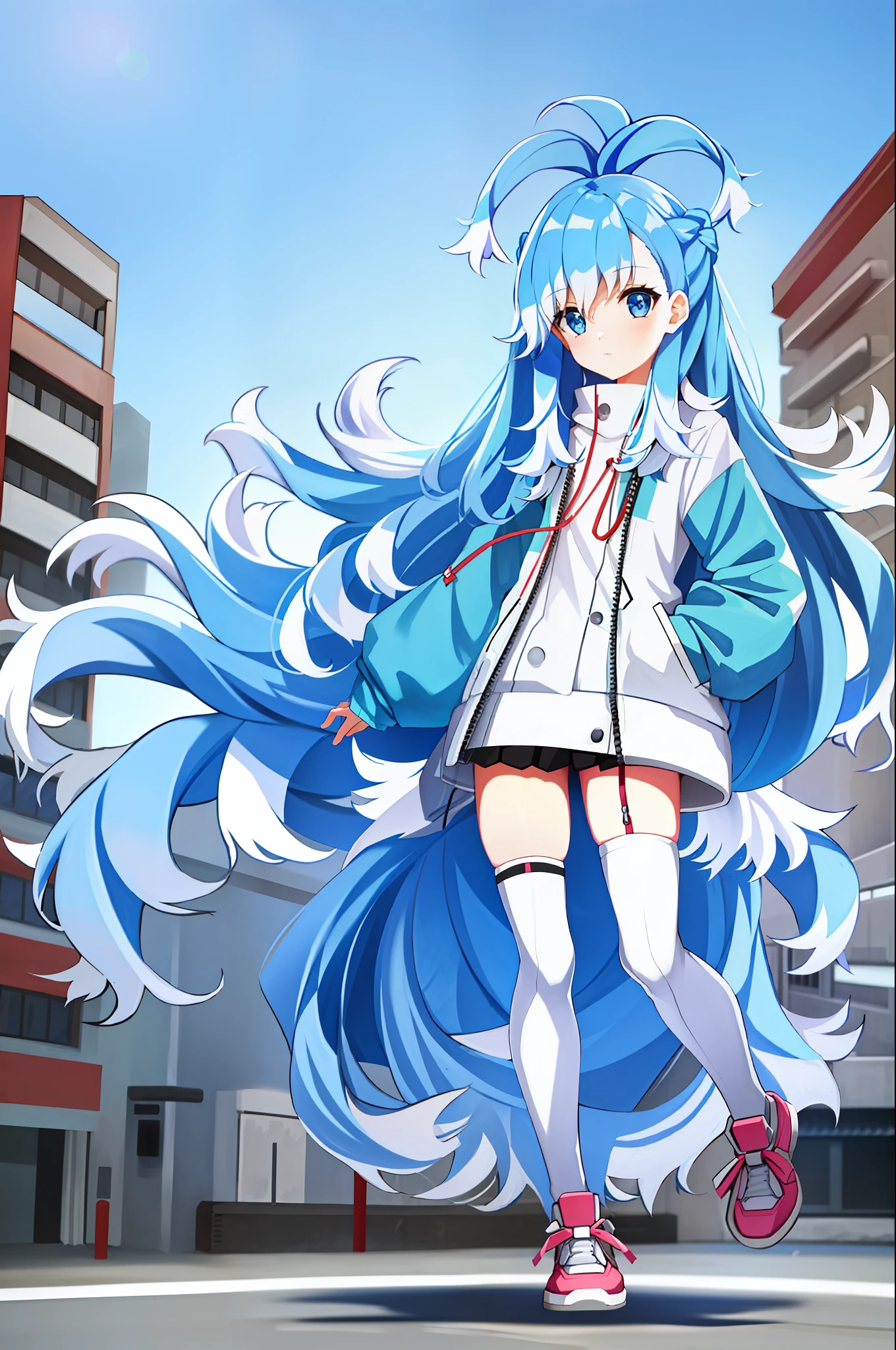 1girl, flat chest, blue hair, long hair, blue eyes, kobo, kanaeru, street background, city, ahoge, white hair tips, full body at full size