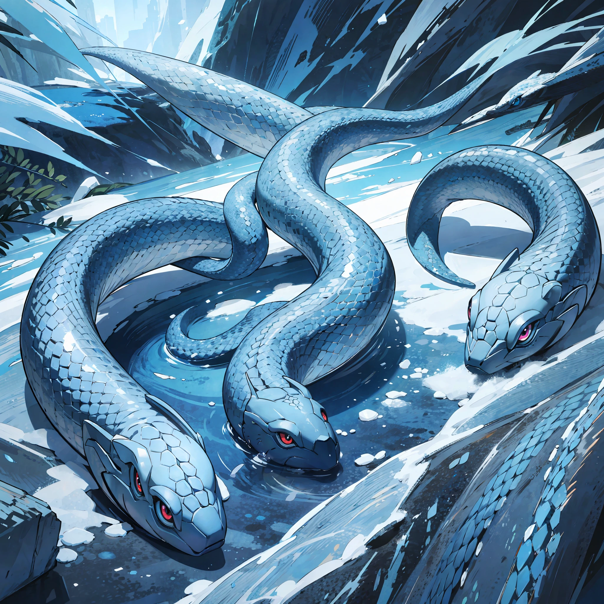 ultra-detailed frozen blue snakes, no people, high resolution