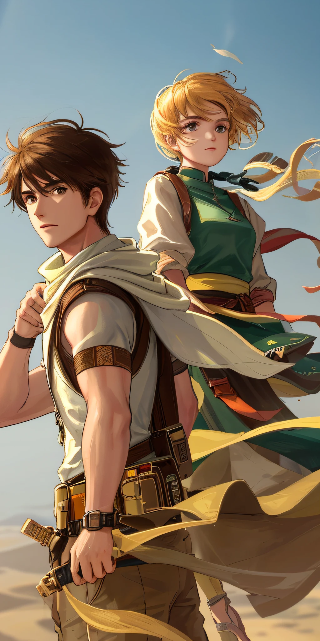 High Detail, Ultra Detail, Ultra High Resolution Boy leading girl in desert, wind, sandstorm