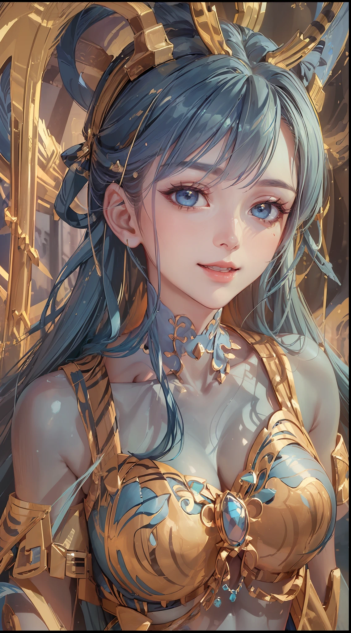 ((Best Quality, 8K, Masterpiece:1.3)), ((1girl:1.5)), Slim Abs Beauty:1.3, Casual Hairstyle,(Blue Long Group:1.5), Super Fine Face, Fine Eyes, Double Eyelids, Smile, Home, (Showing Tiger Teeth: 1.2)