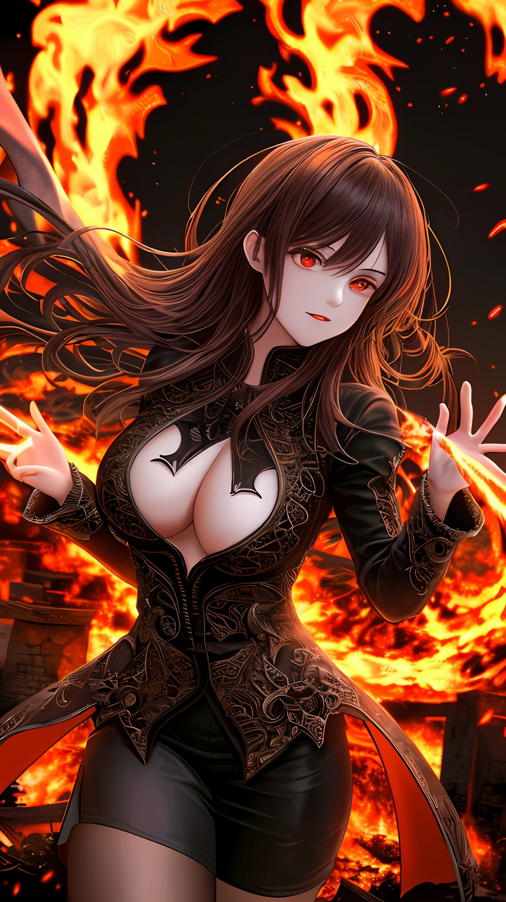 (Very detailed 8k wallpaper) +, an average photo of a sexy vampire summoning flames in a burning and destroyed village, dark style, complex, high detail, dramatic, masterpiece of the highest quality, realistic, detailed, 8k, HDR, backlit, blooming, light fire, chromatic aberration, light focus, UHD