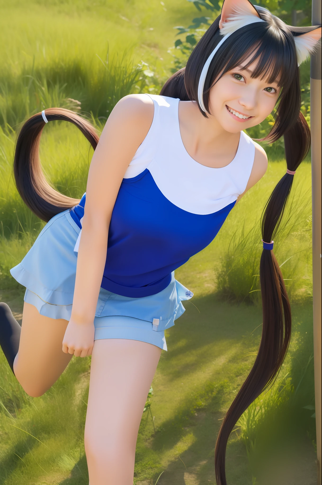 mix4,(8k, RAW photo, best quality, masterpiece:1.2), (realistic, photo-realistic:1.37),masterpiece, best quality, ultra-detailed, 1girl, bangs, bare arms, bare shoulders, blush, breasts, closed mouth, dutch angle, hand up, karyl, low twintails, medium breasts, purple skirt, shirt, skirt, sleeveless, sleeveless shirt, smile, outdoors, split mouth, tail, twintails, cat tail, waving, arm behind back