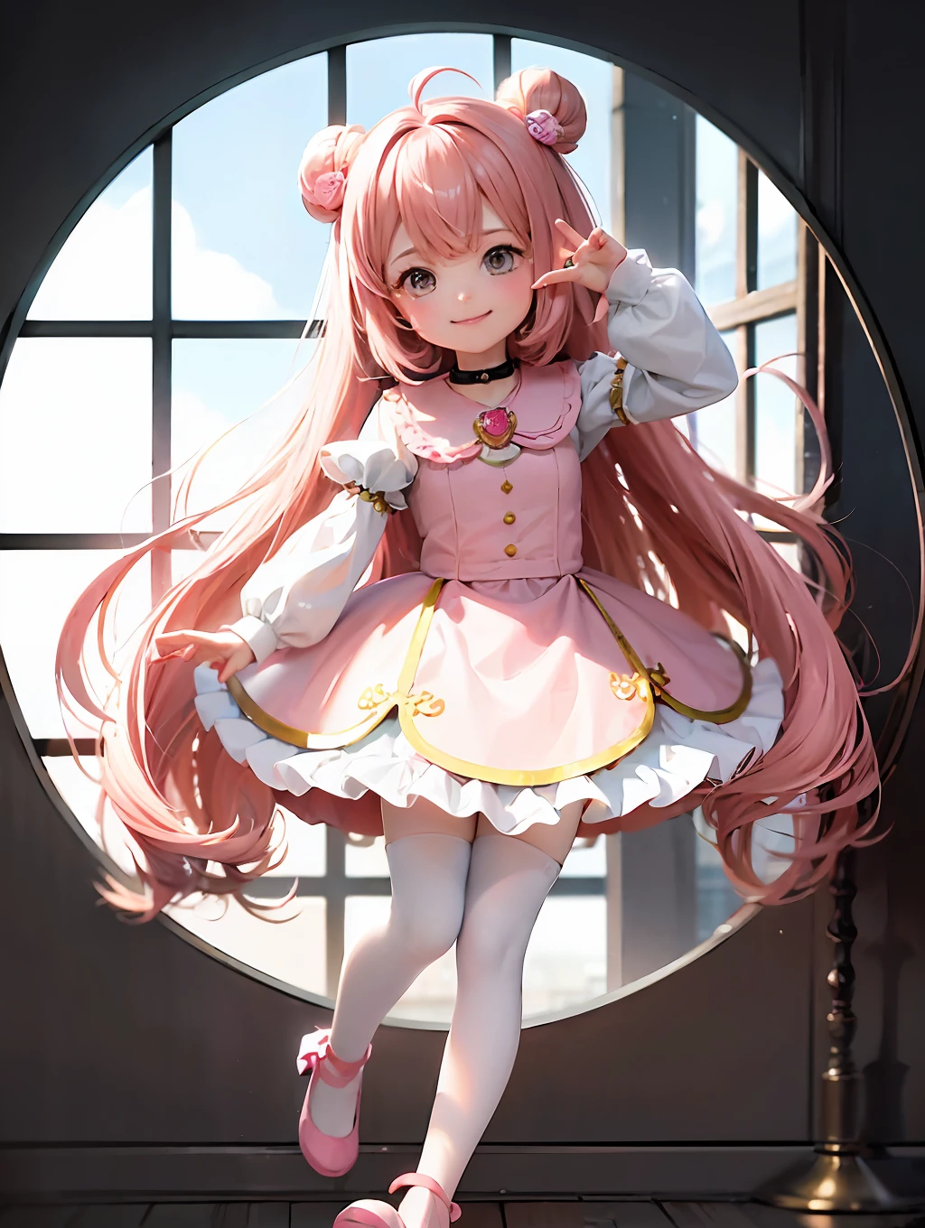 Circular image, (Masterpiece: 1.3), (Best Quality: 1.2), (Masterpiece), High Quality, High Definition, (SOLO: 1.4), (Round image)), (Fisheye)), [(White background: 1.1): 5], [(Colorful Toy Store: 1): 5], 6-year-old girl, floating, [(Magical Girl Cosplay: 1.2): 5] {1 Girl}, {solo}, (Full body)), {{{5 fingers}, ((Good anatomy :1.2)), ((pink)) twin-tailed hair (pink and (white)), pantyhose, watch the viewer, from above, fairytale, lots of big stuffed animals, ((round window))
