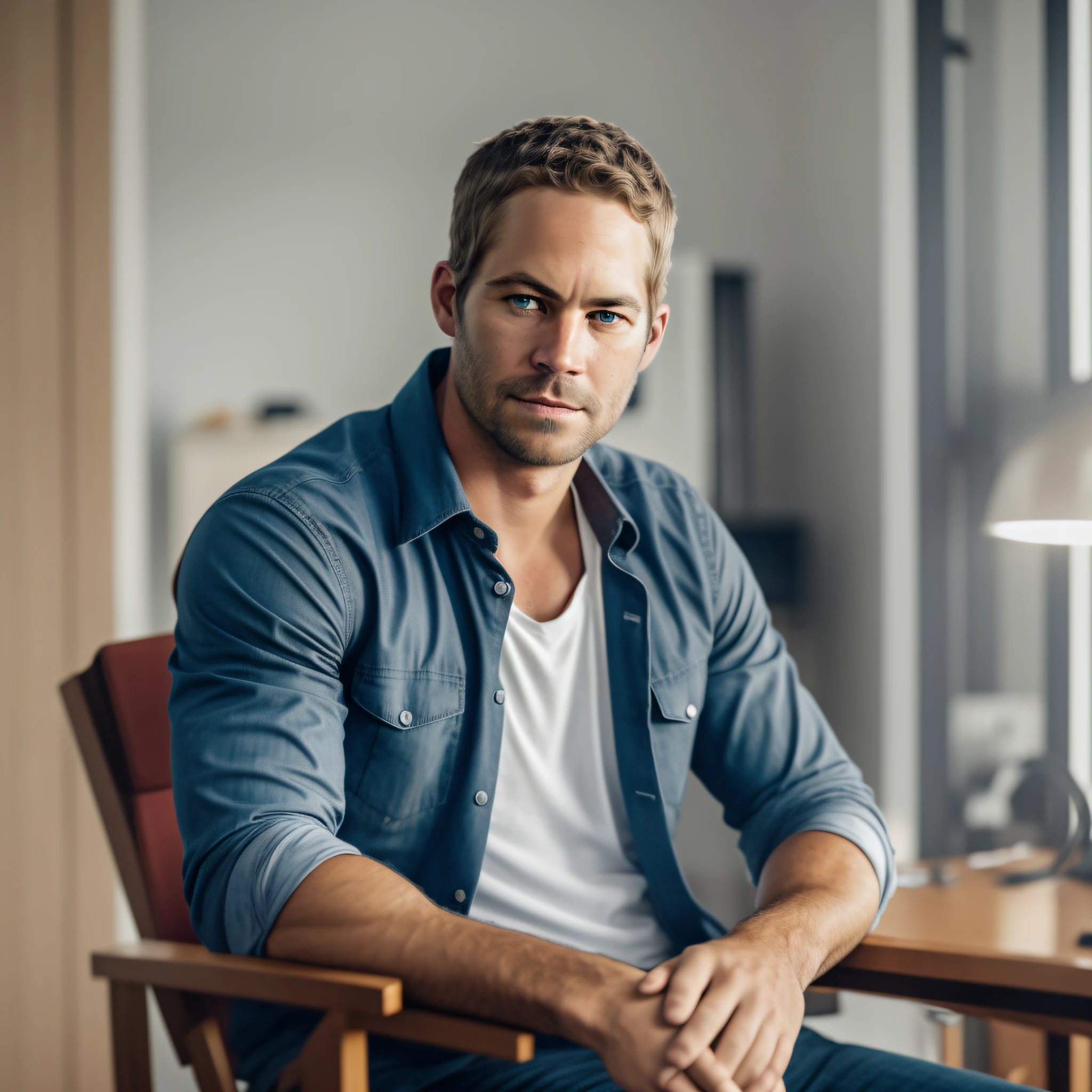 A professional photograph of Paul Walker sitting in a chair in the studio, looking directly at the camera, with an intense and penetrating gaze, capturing his magnetic presence, Photography, 85mm portrait lens, --air 16:9 --v 5