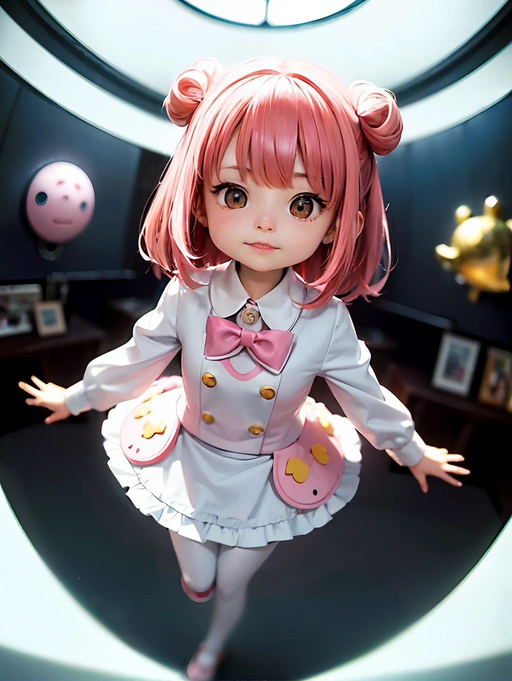 Circular image, (Masterpiece: 1.3), (Best Quality: 1.2), (Masterpiece), High Quality, High Definition, (SOLO: 1.4), (Round image)), (Fisheye)), [(White background: 1.1): 5], [(Colorful Toy Store: 1): 5], 6-year-old girl, floating, [(Magical Girl Cosplay: 1.2): 5] {1 Girl}, {solo}, (Full body)), {{{5 fingers}, ((Good anatomy :1.2)), ((pink)) twin-tailed hair (pink and (white)), pantyhose, watch the viewer, from above, fairytale, lots of big stuffed animals, ((round window))