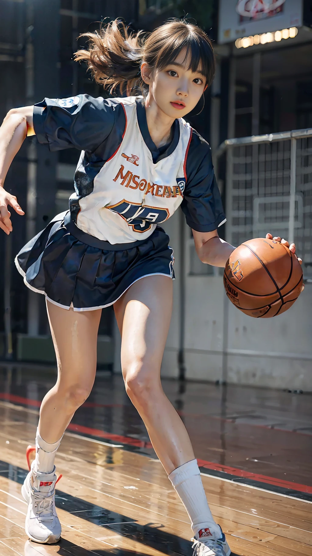 (ultra-detailed CG unity 8k wallpaper,masterpiece, stunning illustration of a)女球员, (best illumination, best shadows, extremely delicate and beautiful), (1girl), (running, dribbling, shooting, holding the ball), (basketball uniform, skirt, football shirt), (hip and leg shots, surrealist style), (black stockings, beautiful legs), on a basketball court.