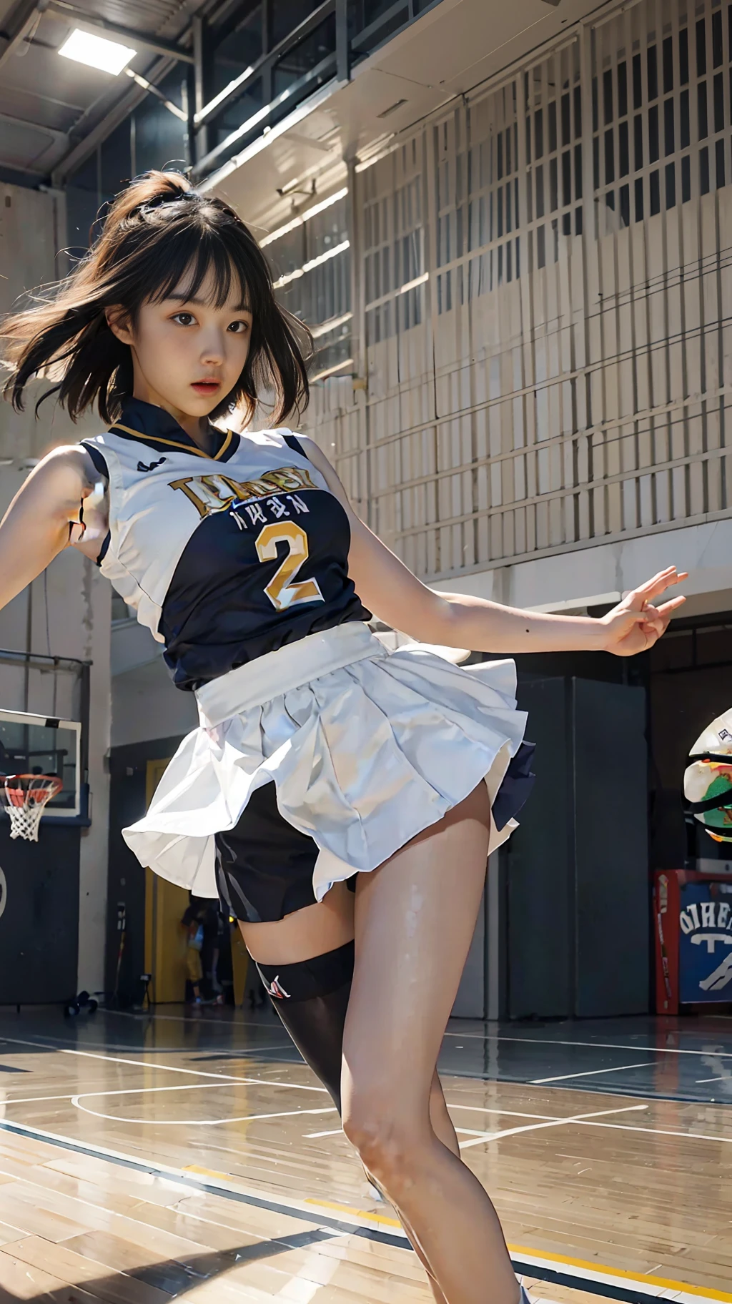 (ultra-detailed CG unity 8k wallpaper,masterpiece, stunning illustration of a)女球员, (best illumination, best shadows, extremely delicate and beautiful), (1girl), (running, dribbling, shooting, holding the ball), (basketball uniform, skirt, football shirt), (hip and leg shots, surrealist style), (black stockings, beautiful legs), on a basketball court.