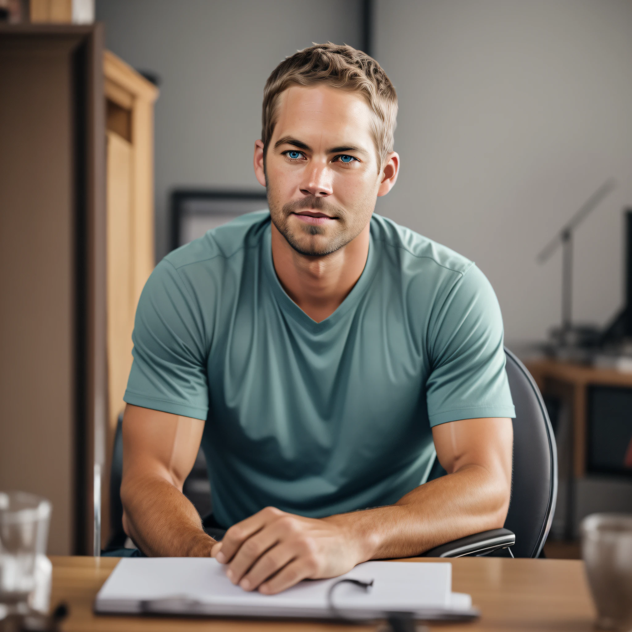 A professional photograph of Paul Walker sitting in a chair in the studio, looking directly at the camera, with an intense and penetrating gaze, capturing his magnetic presence, Photography, 85mm portrait lens, --air 16:9 --v 5