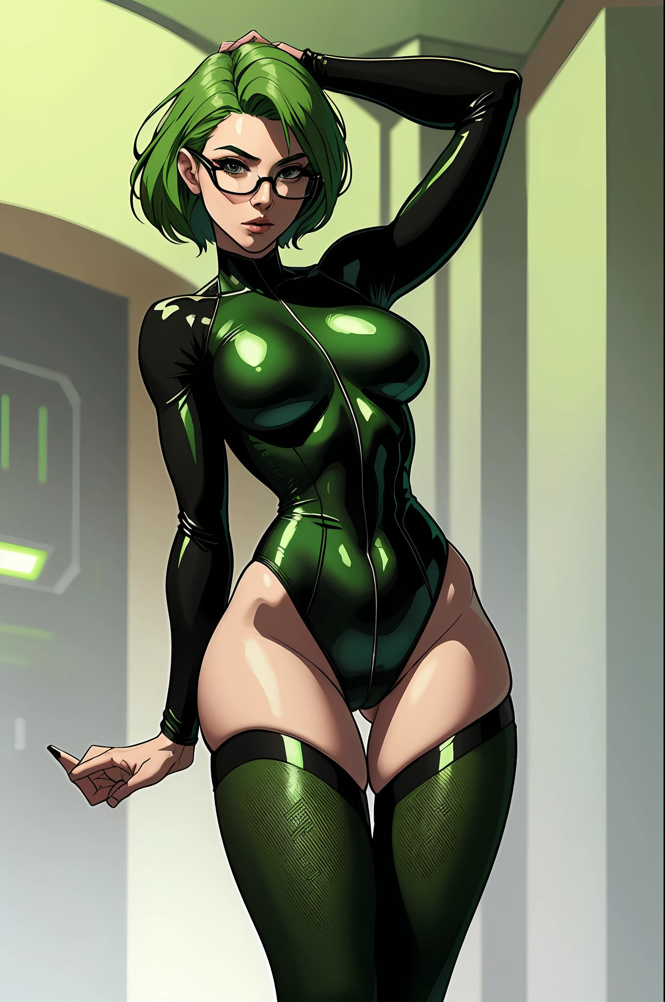 (4k, masterpiece, best quality: 1.2) 1girl, solo, original character, green hair, slender body, long hand, agile, black and green body suit , stockings, scifi glasses, thick outfits, silk suits