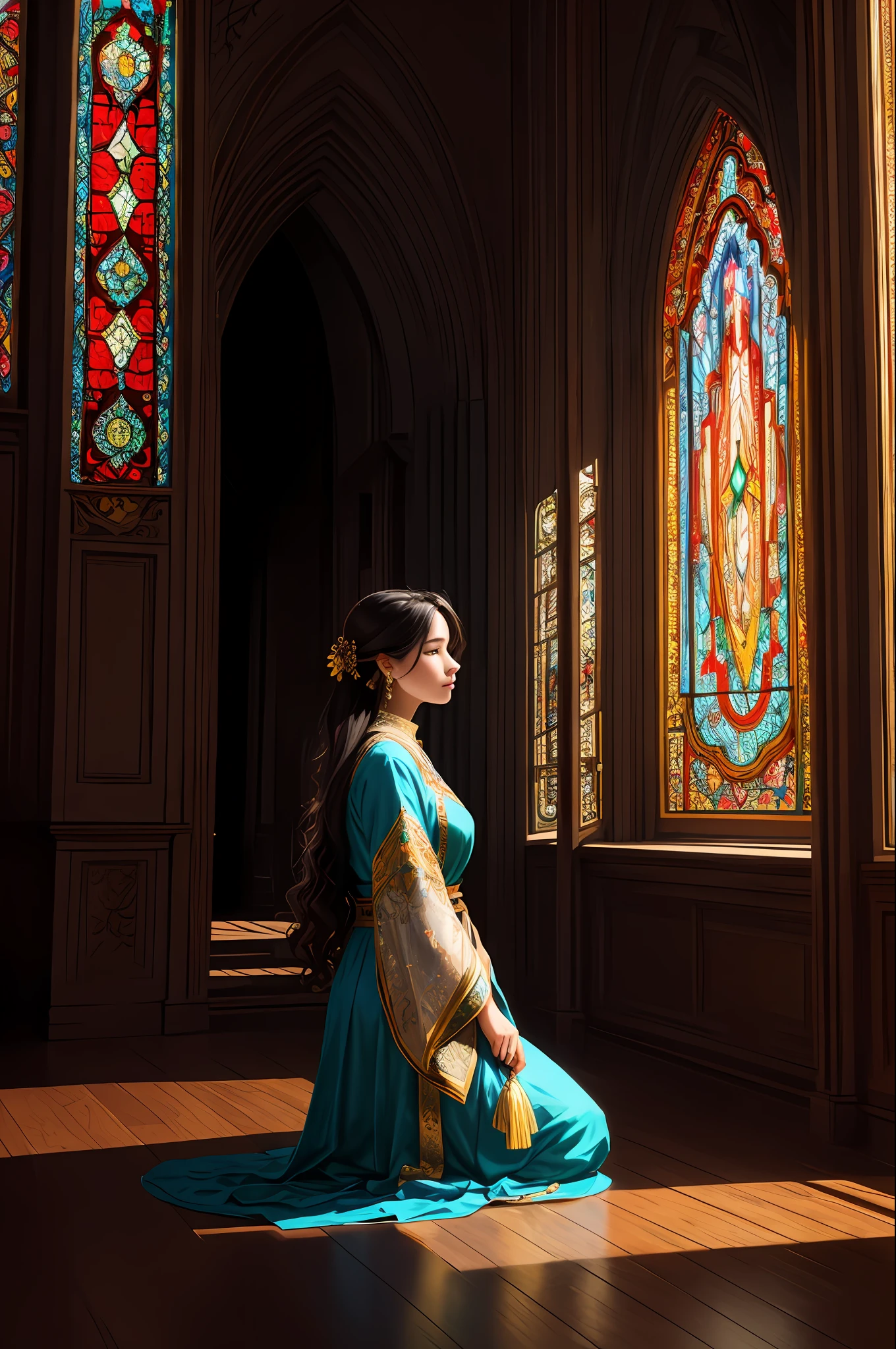 (Masterpiece, Best Quality, Best Quality, Official Art, Beautiful and Aesthetic: 1.2), (Woman in her 40s kneeling in prayer: 1.3), 1 FEMALE BREAK STAINED GLASS ART, COLORED GLASS, LEAD LINES, LIGHT TRANSMITTANCE BREAK Vivid colors, intricate design, luminous effects, spiritual atmosphere, very detailed faces, clear hands, (scenes that look very small from a distance), bright light on the face