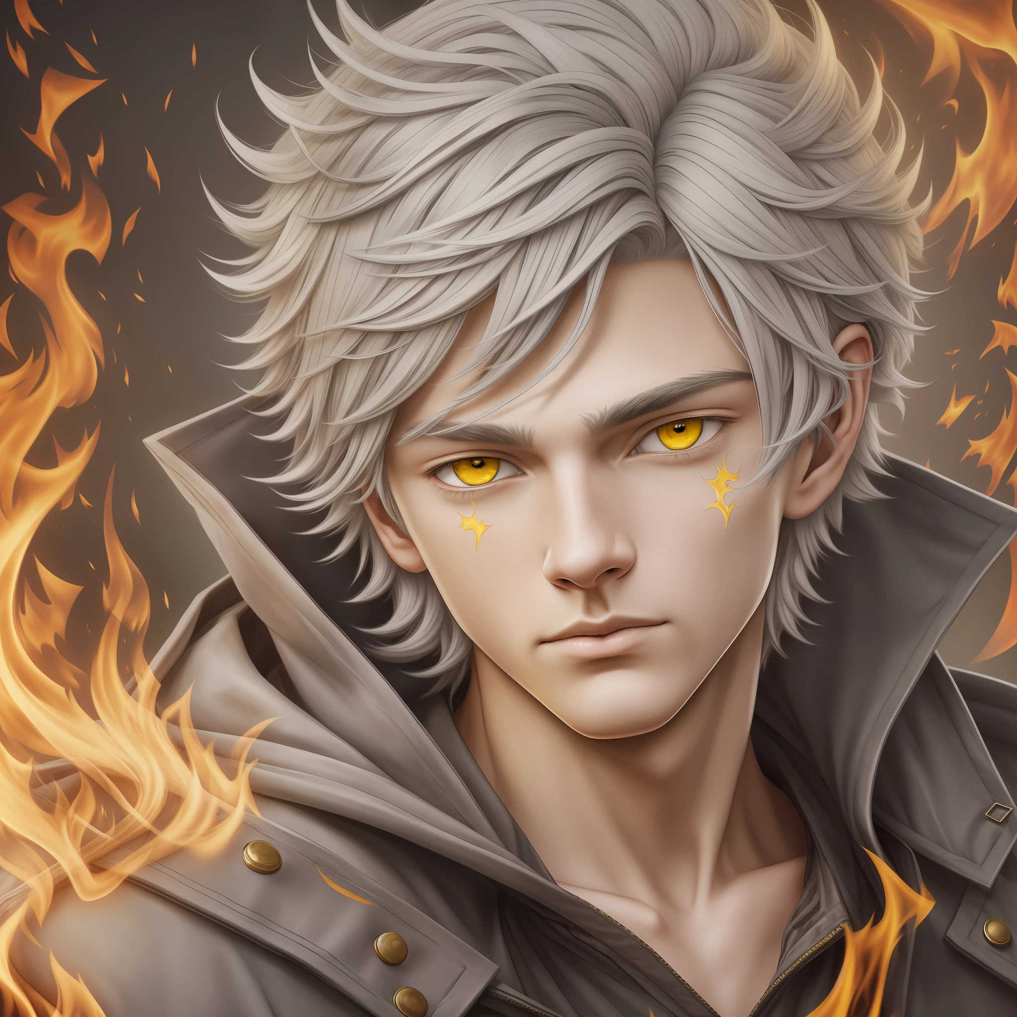 Drawing, fantasy, realism, high detail, solo guy 18 years old (detailing), ((with light gray hair)) (hair detailing), ((yellow eyes)), (face detailing), (clothing detailing), hands covered with fire (hand detailing), absorbs fire (fire detailing), 8kk --auto --s2