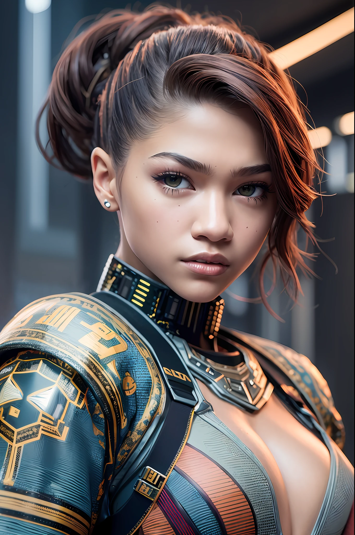 High definition picture quality, 8k photo, intricate details: 1.2, cinematic lighting, American actress Zendaya, cyberpunk , , , , --q 1, DSLR --v 6 --s2
