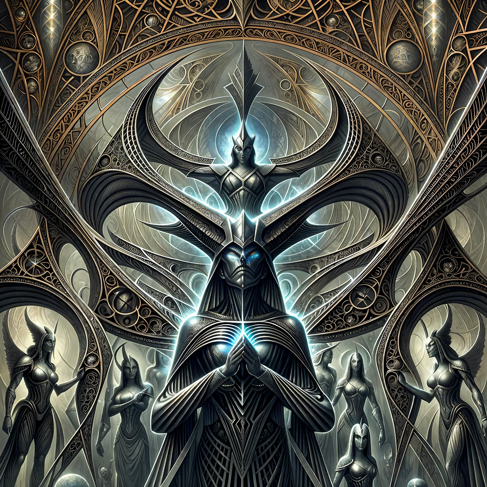 An association of parabolic biomechanical satanic humanoid Gods whos bodies are made from the entire cosmos are gathered together in contemplation of the whole of all, style HR Giger and Dan Seagrave, intricate iridescent patterns and details, horror art, dark colors