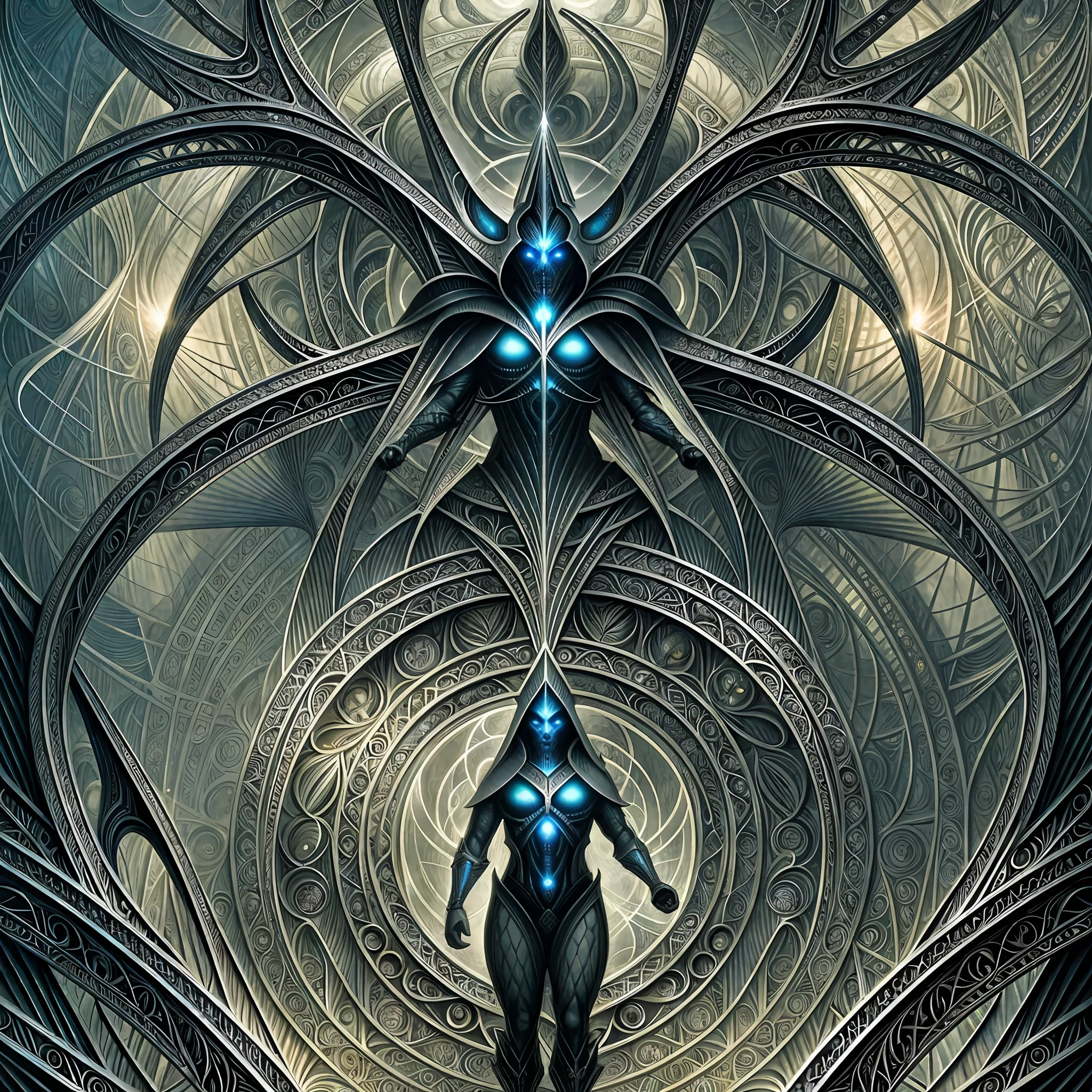 An association of parabolic biomechanical satanic humanoid Gods whos bodies are made from the entire cosmos are gathered together in contemplation of the whole of all, style HR Giger and Dan Seagrave, intricate iridescent patterns and details, horror art, dark colors