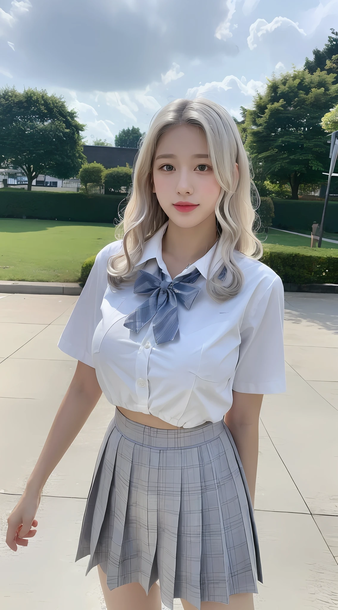 ((Realistic lighting, Best quality, 8K, Masterpiece: 1.3)), Clear focus: 1.2, 1girl, Perfect body beauty: 1.4, Slim abs: 1.1, ((White hair, Big breasts: 1.8)), cowgirl pose, (Outdoor, night: 1.1), School street, super fine face, fine eyes, double eyelids, curly hair, student uniform, full body shot