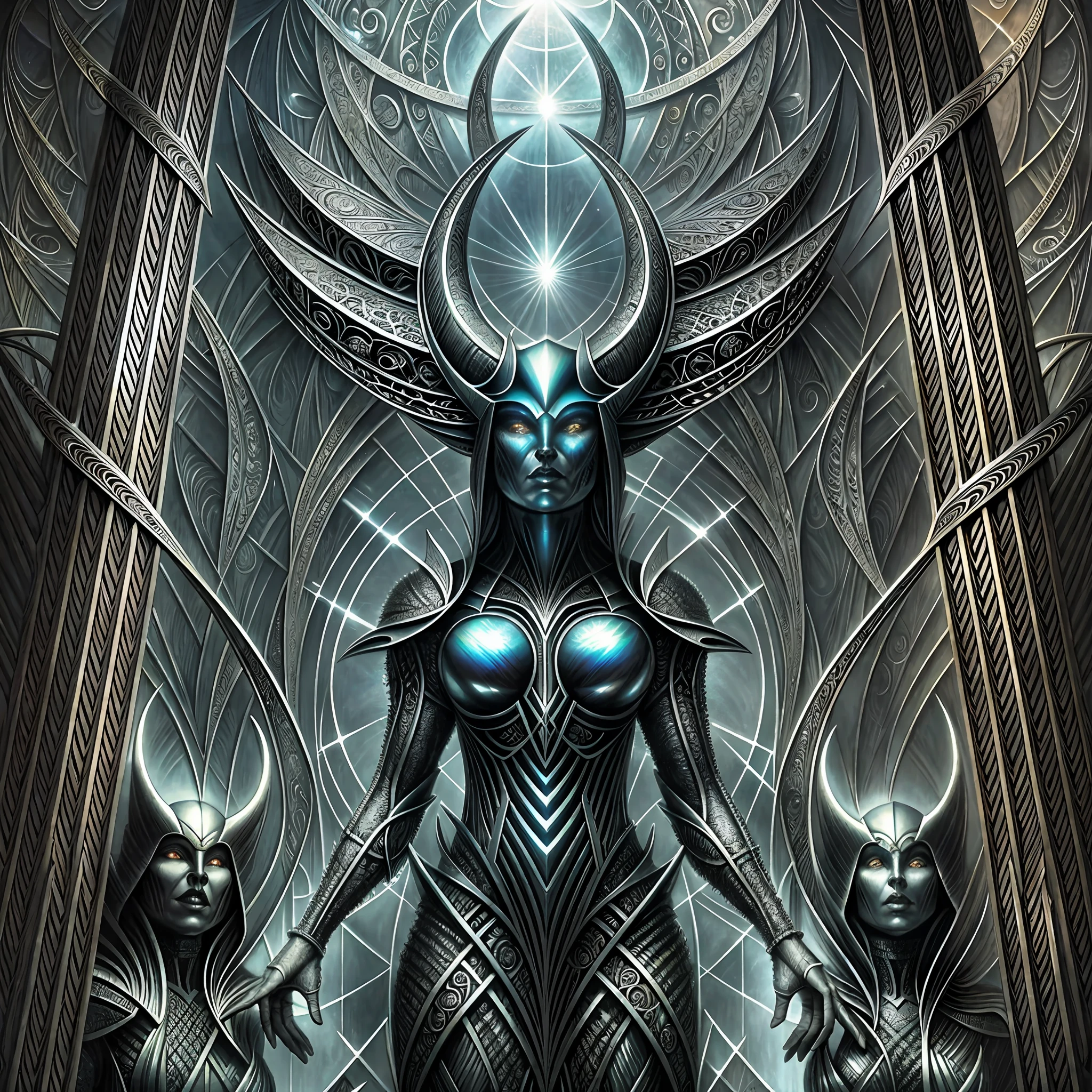 An association of parabolic biomechanical satanic humanoid Gods whos bodies are made from the entire cosmos are gathered together in contemplation of the whole of all, style HR Giger and Dan Seagrave, intricate iridescent patterns and details, horror art, dark colors